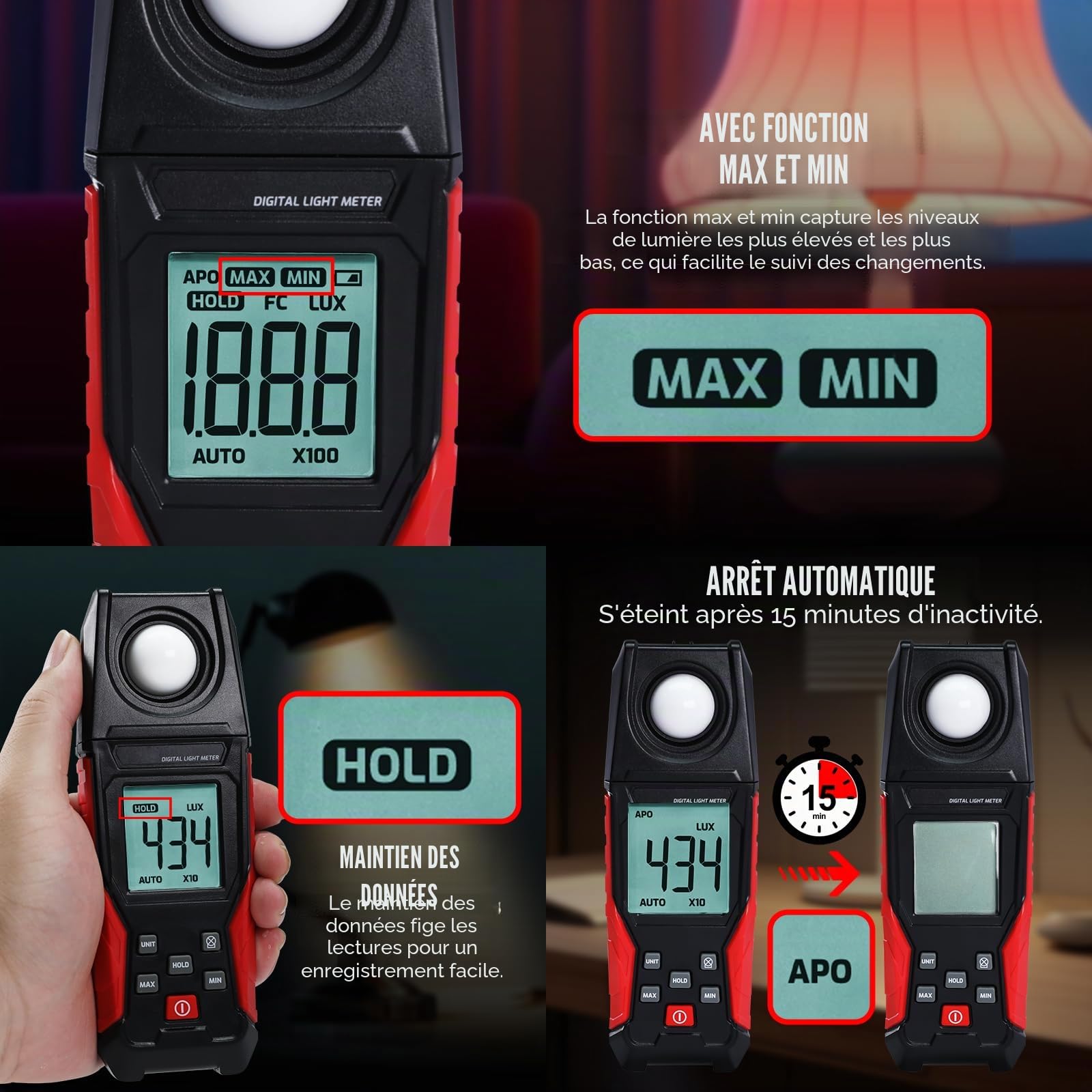 Luxmètre numérique 0,01-200 000 lux pour LED, plantes, photographie, luminance, bougies de pied, haute précision, capteur d'éclairement portable, écran LCD, portée automatique, batterie incluse