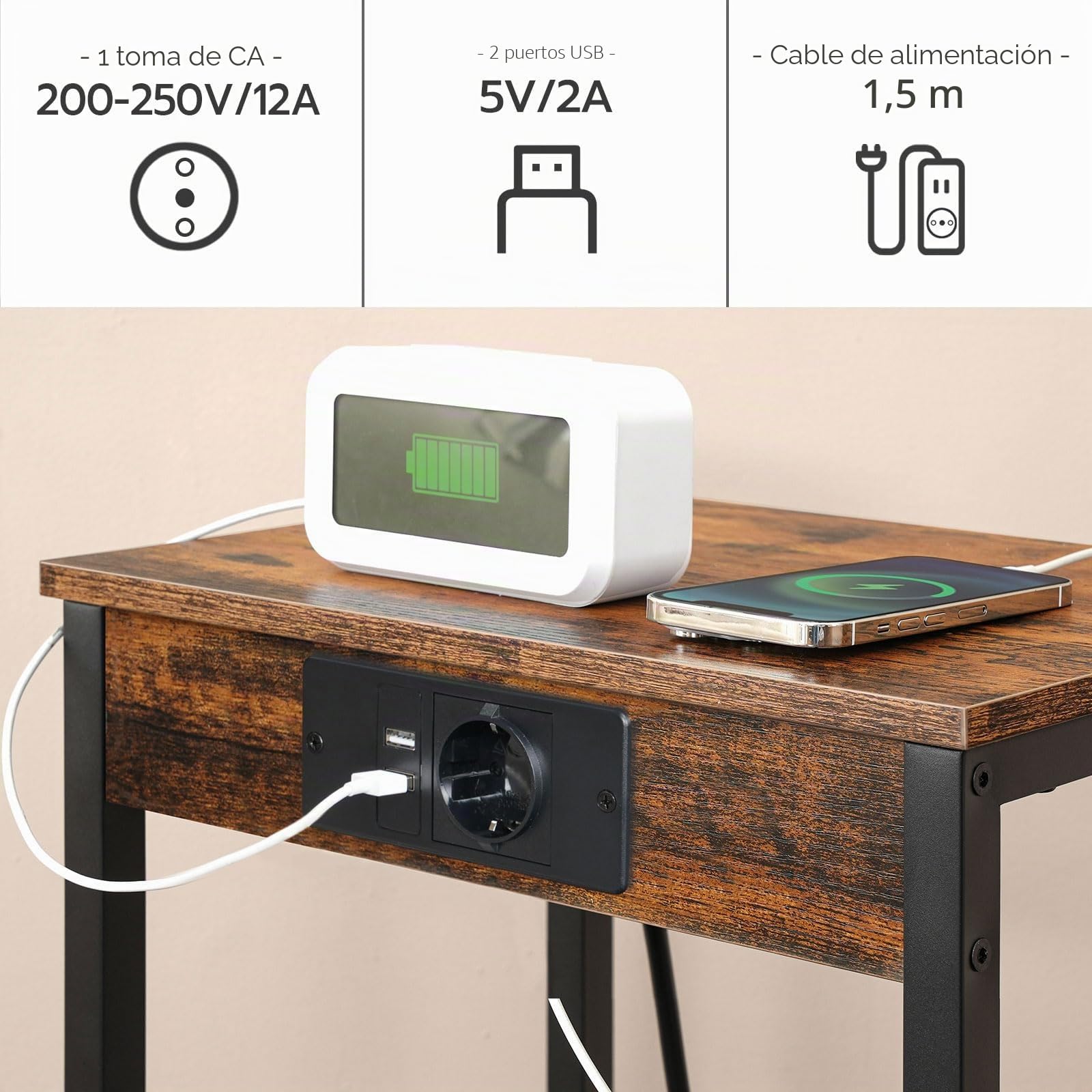 HOOBRO Mesa de Centro Alta con Base de Carga, Mesita Auxiliar de 75,5 cm, Mesa de Teléfono de 3 Estantes, Mesita de Entrada, Mesilla Alta de Noche, para Salón, Dormitorio, Marrón Vintage EBF09CDH01