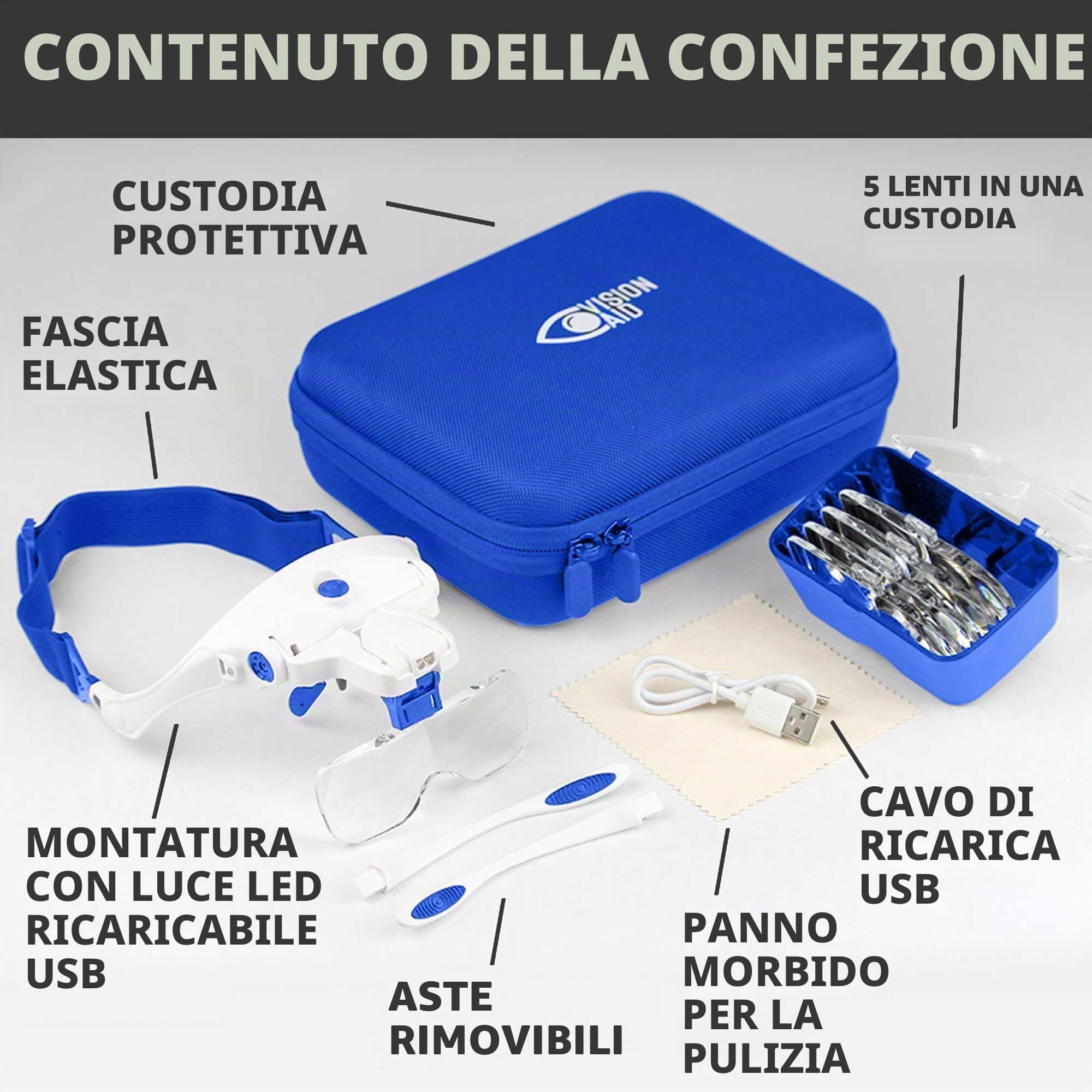 VISION AID Lenti d'Ingrandimento con Luce LED 5 Lenti Archetto Custodia Lente d'ingrandimento illuminata a mani libere per artigianato hobby Ricamo Pittura Miniatura Modellismo lavori di precisione