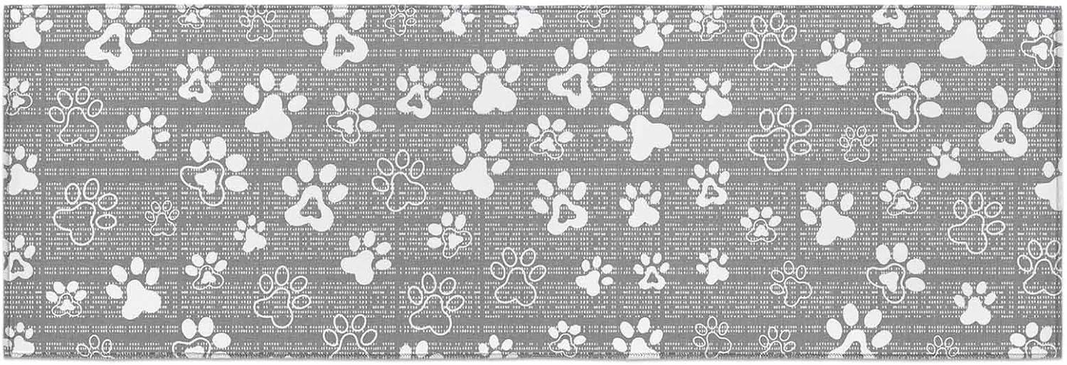 Teamery Kitchen Mats for Floor White Dog Paw Claws Washable Non Slip Kitchen Rugs 1PCS, Gray Striped Background Absorbent Standing Mats for Sink Bathroom Office Living Room 23.6x70.9in
