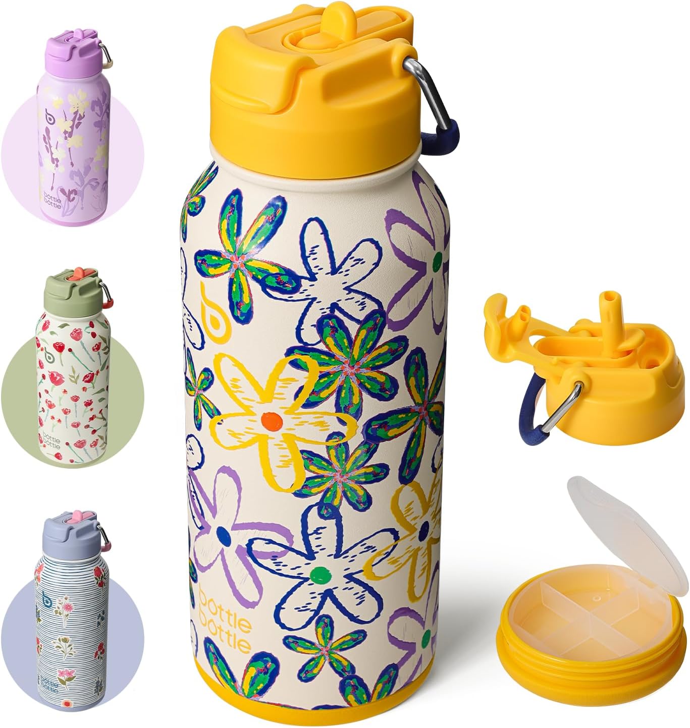 BOTTLE BOTTLE 32oz Insulated Water Bottle with Pill Box | Stainless Steel,Sport Water Bottle, with Straw Dual-use Lid and Pill Box, Design for Gym