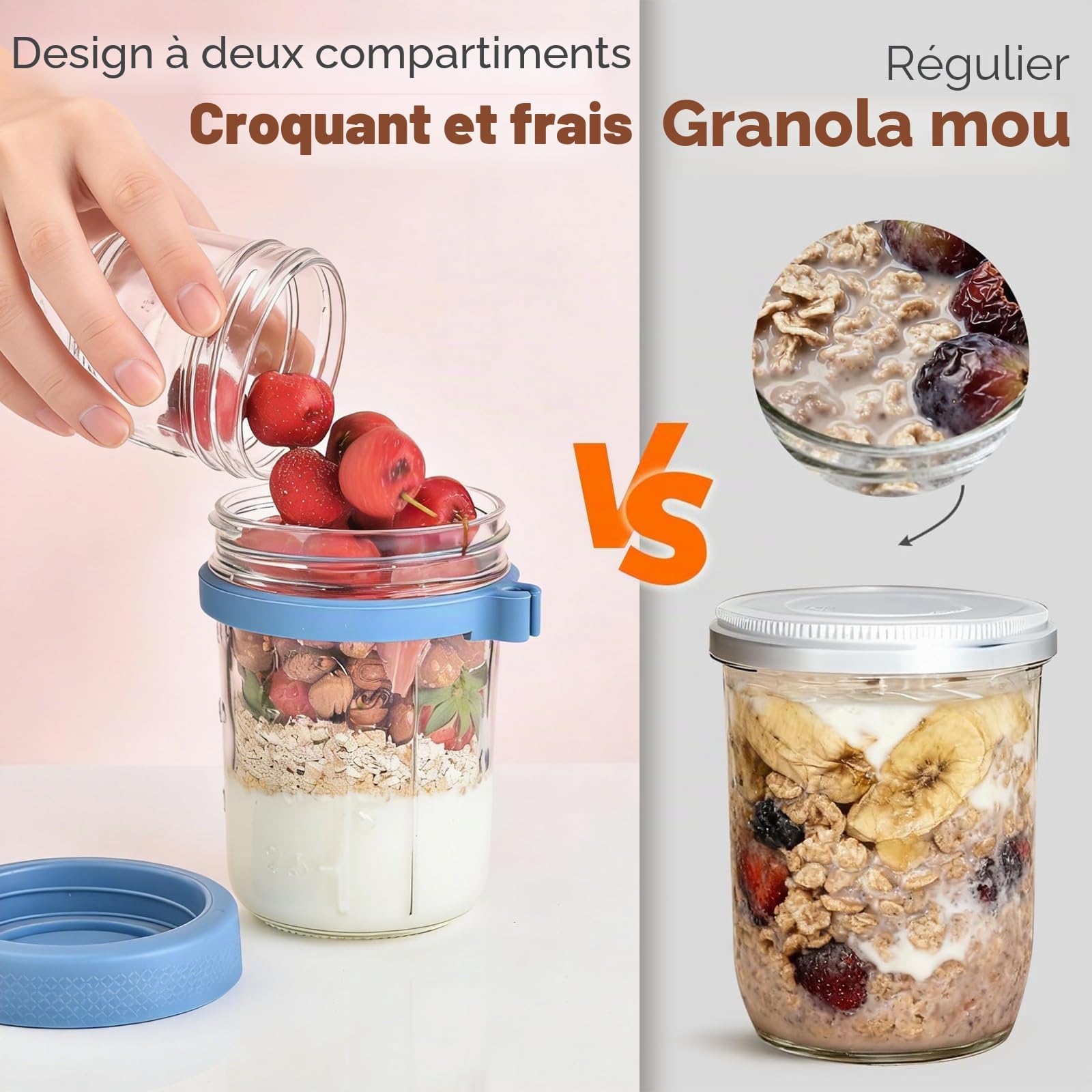 VITEVER Lot de 4 bocaux Overnight Oats, 16 oz Bocaux à yaourt-parfait à double paroi avec couvercle, Récipients en verre pour la préparation de repas, collations, overnight oats, yaourt, parfait