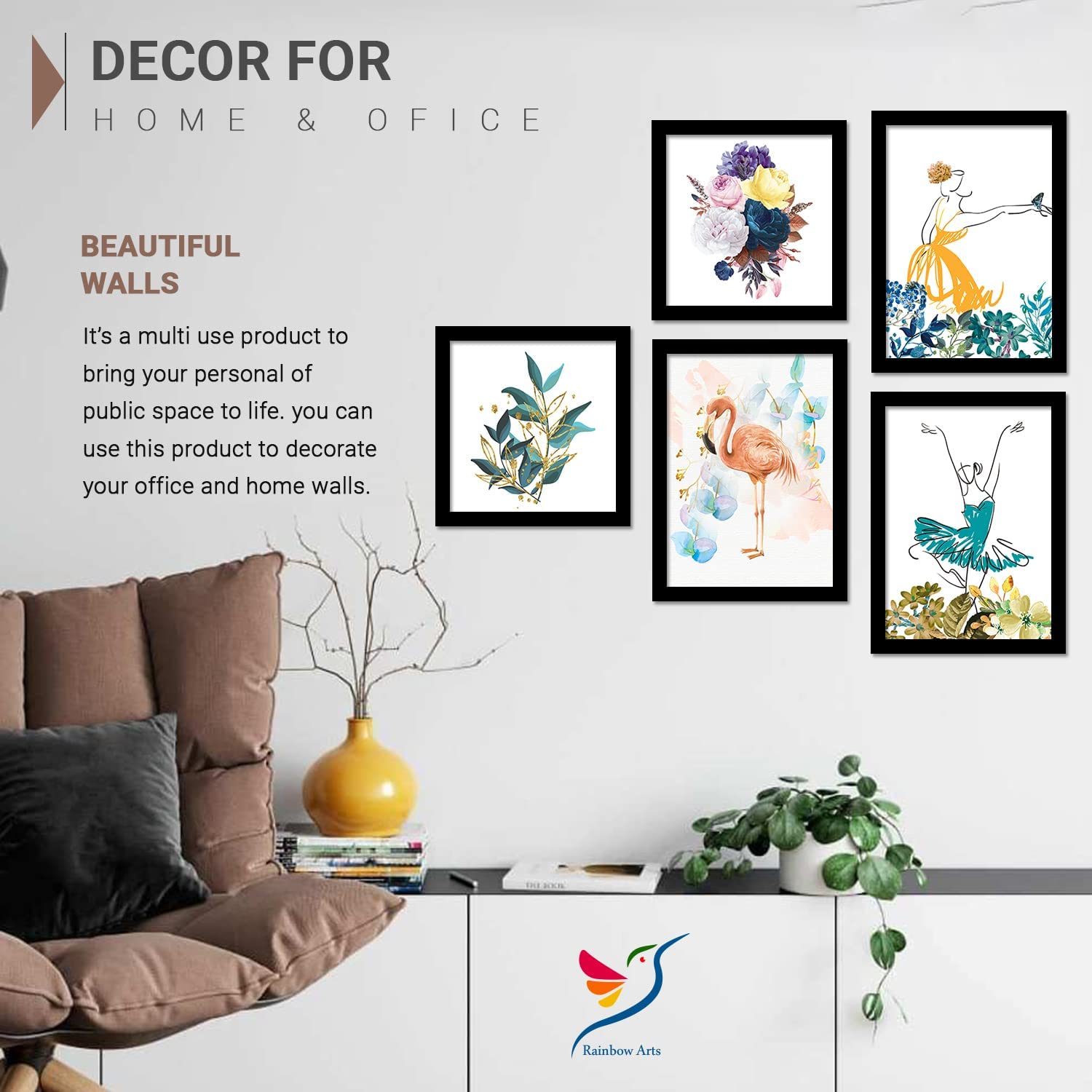 BANGERZ Painting with Frame Bohemian Birds Art prints Paintings for Home Decor - Framed Wall Decoration - Wall Paintings for Living Room Office Set of 5 3