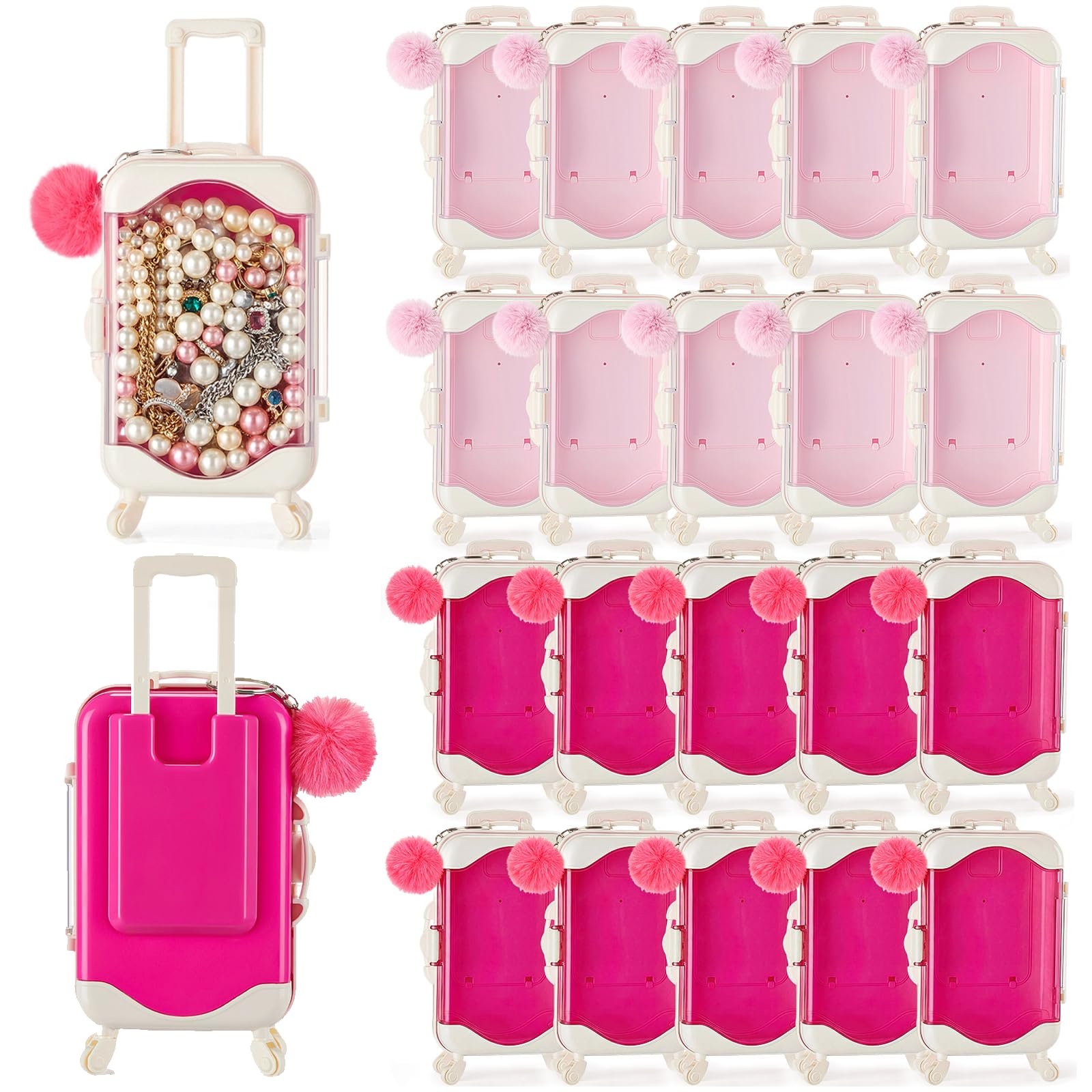 LemonRoad 48 Stück leere Mini-Koffer-Geschenkbox und Plüschkugel-Schlüsselanhänger, transparent, für Süßigkeiten, Gepäck, Aufbewahrungsbehälter, Koffer-Verpackung, Koffer für Hochzeit, Geburtstag