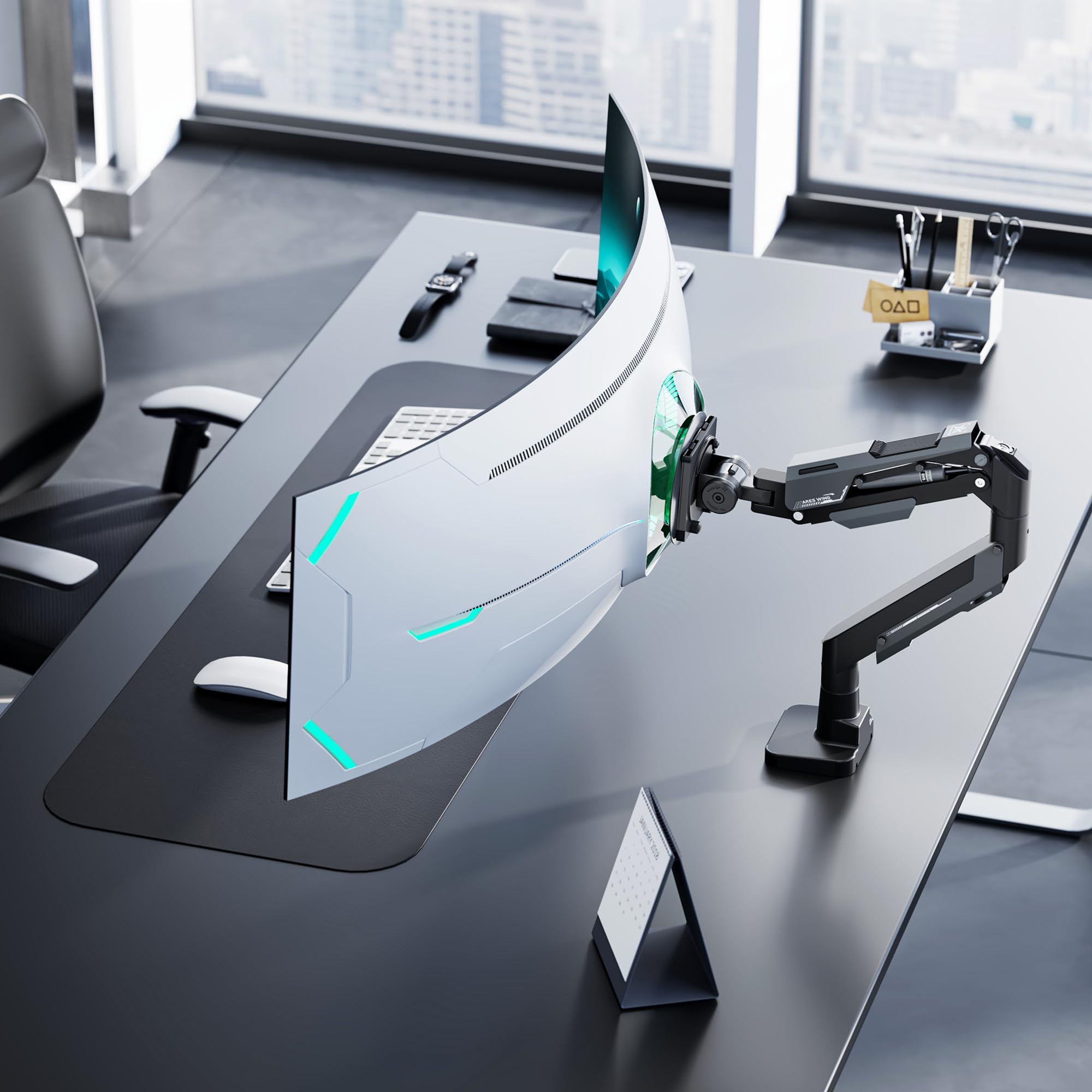ARES WING Supporto per monitor Ultrawide 24 – 57 pollici, Nero | braccio per monitor con molla a gas, altezza regolabile, portata massima 30 kg, VESA max fino a 200 x 200