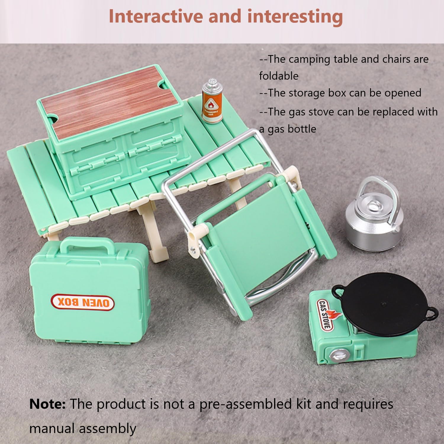 Set di 8 mini mobili da campeggio, in miniatura, set di mini tavoli da campeggio, sedie pieghevoli, fornello a gas, padella, contenitore per picnic, esterni, piccolo set da giardino
