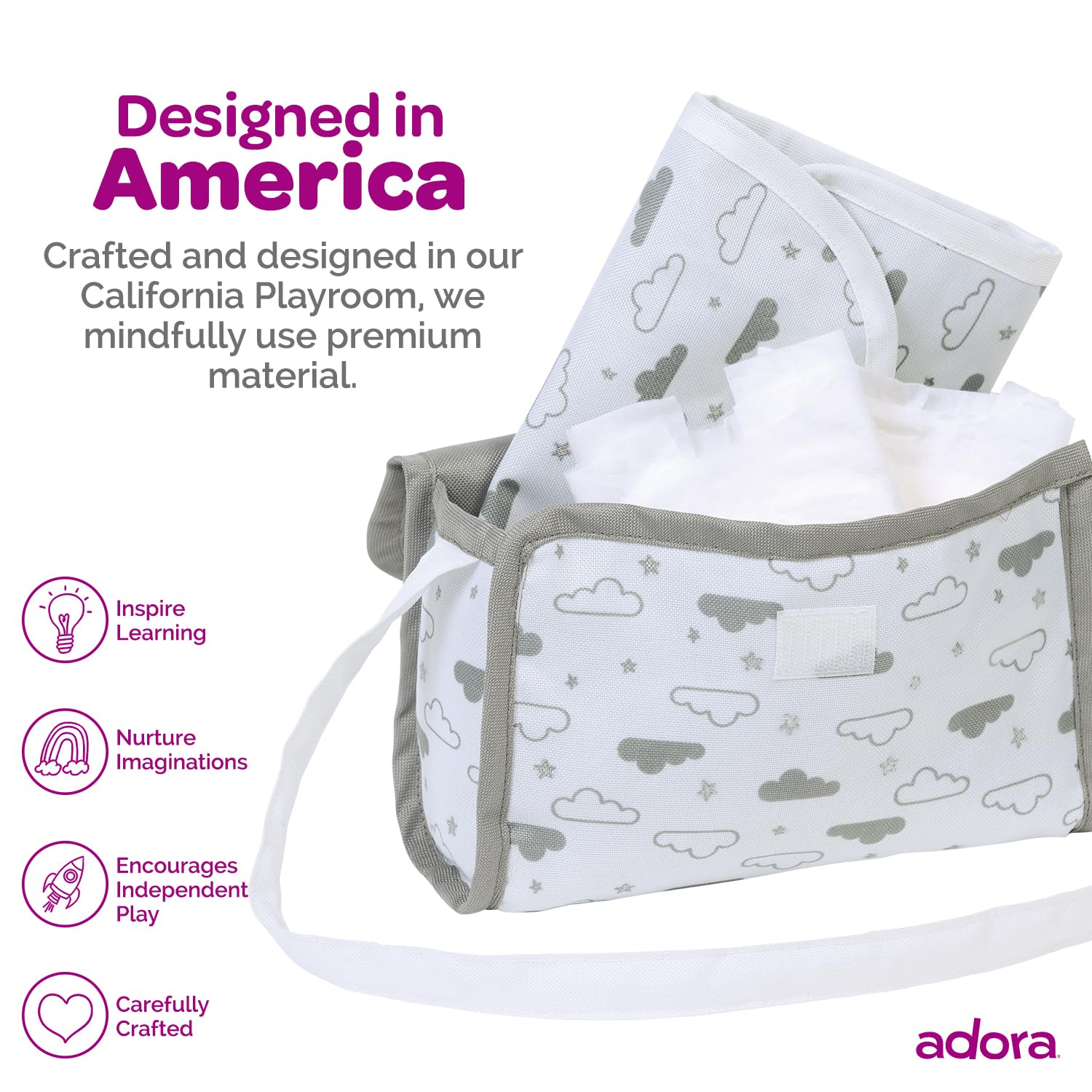 ADORA Bolsa de pañales para muñecas con correas resistentes, incluye cambiador y 2 pañales para muñecas (se adapta a muñecas de 13 pulgadas), regalo de cumpleaños para mayores de 3 años, estrellas