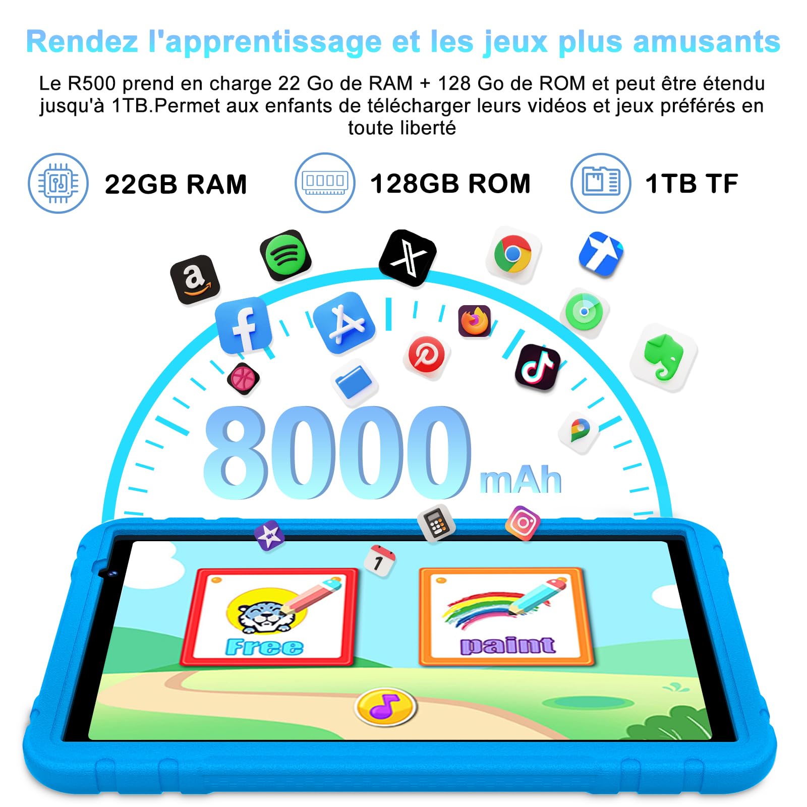 Tablette enfants 10 Pouces Android, 22GO + 128 GO (TF 1TO), WiFi 6, 8000 mAh, Widevine L1,GPS, Face ID, Octa-Core, Contrôle Parental, EVA Étui de Protection Antichoc, 360° Rotatif Support - Bleu