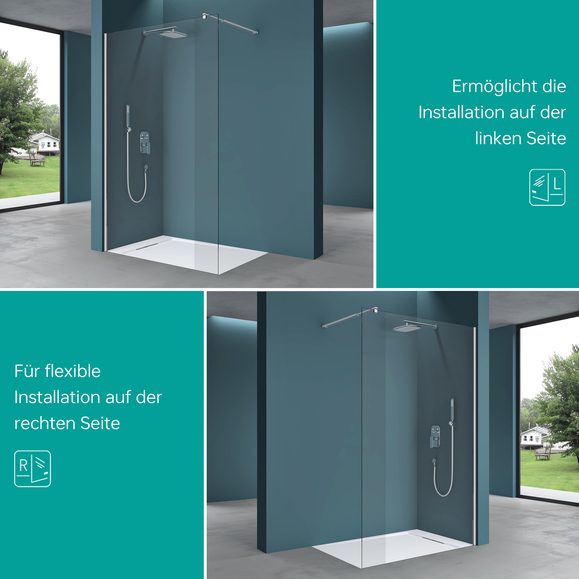 Mai & Mai Duschwand für Dusche Duschabtrennung 140x200cm Walk-In Dusche ESG-Sicherheitsglas 10mm NANO Glas BRAM3 Bremen2K