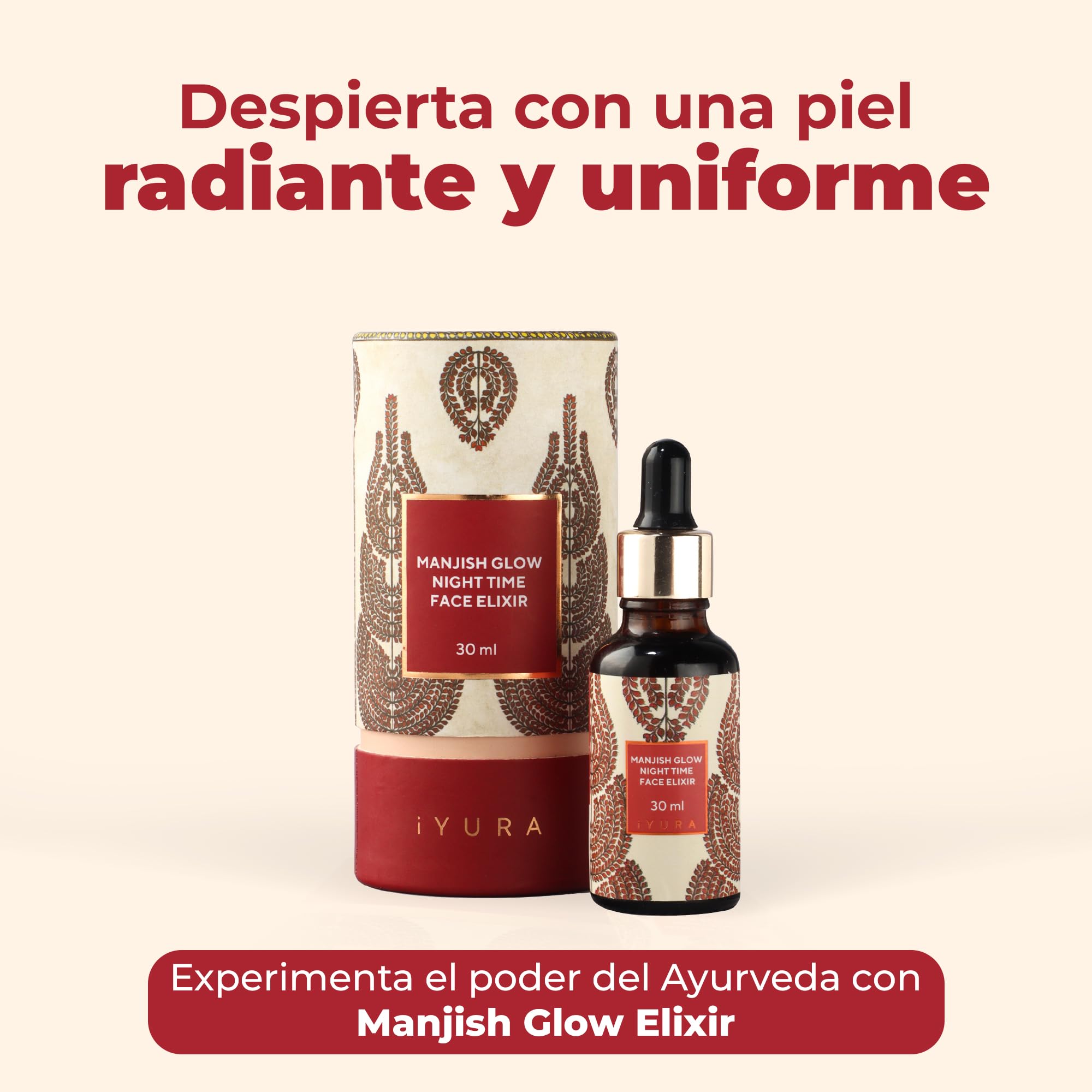 iYURA Manjish Glow Night Time Face Elixir | Aceite Facial Hidratante | Para una Piel de Aspecto Luminoso y Uniforme | Con Manjistha y Limón | 30 ml