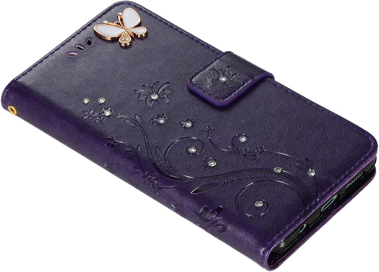 Galaxy A10 Wallet Case, Handmade 3D Bling Diamond Butterfly Flowers PU Leather Stand Flip Folio Phone Cover with Stylus Pen, Screen Protector, Card Holder & Hand Strap for Samsung Galaxy A10