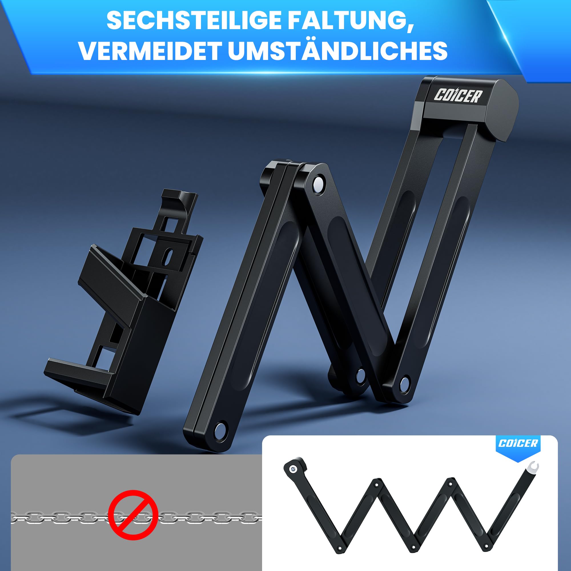 COICER Lucchetto pieghevole per bicicletta 85 cm con 3 chiavi, serratura pieghevole per scooter elettrici, bicicletta e moto, lucchetto per bicicletta ad alta sicurezza con supporto – Bike Lock, nero