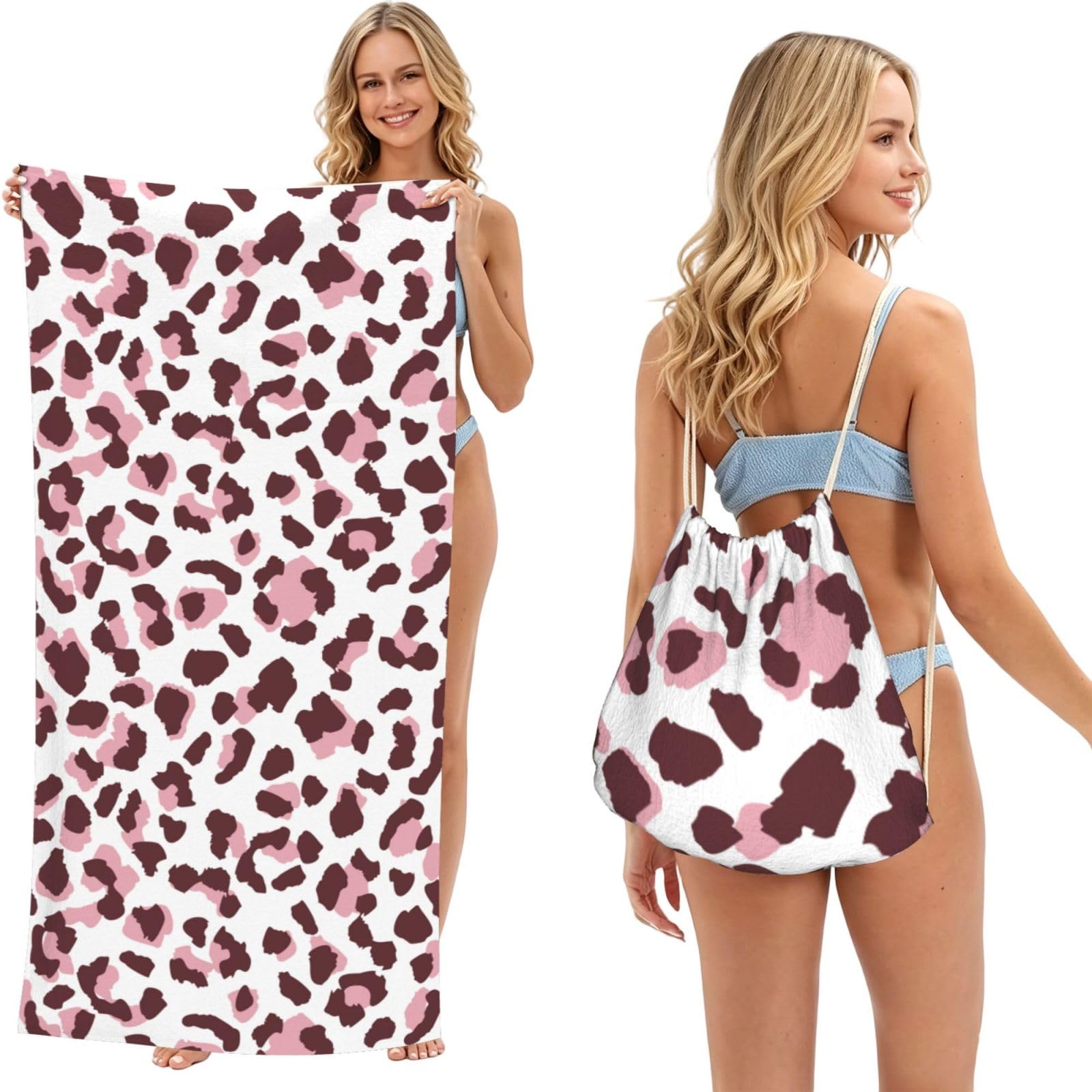 Poadnly As Picture Leopard Print Seamless Pink Animals African, 2 In 1 Packable Towel Bag, Beach Towels With Drawstring Backpack For Travel Holiday Camping