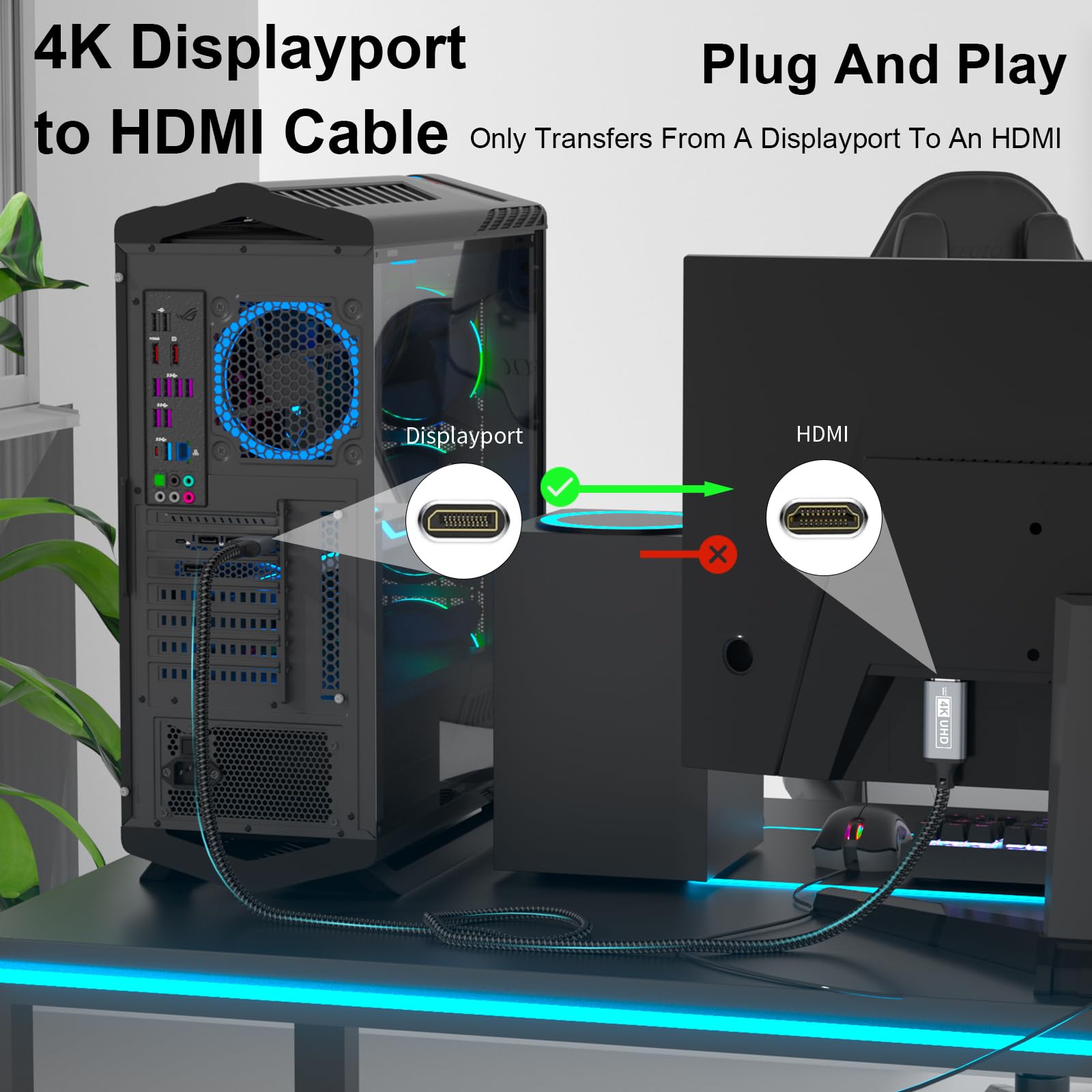 Kabel Displayport HDMI, Displayport 4K do HDMI 1M, jednokierunkowy DP do HD MI, nylonowy pleciony port HD MI kompatybilny z komputerami stacjonarnymi, laptopami, komputerami, Dell, HP, HDTV