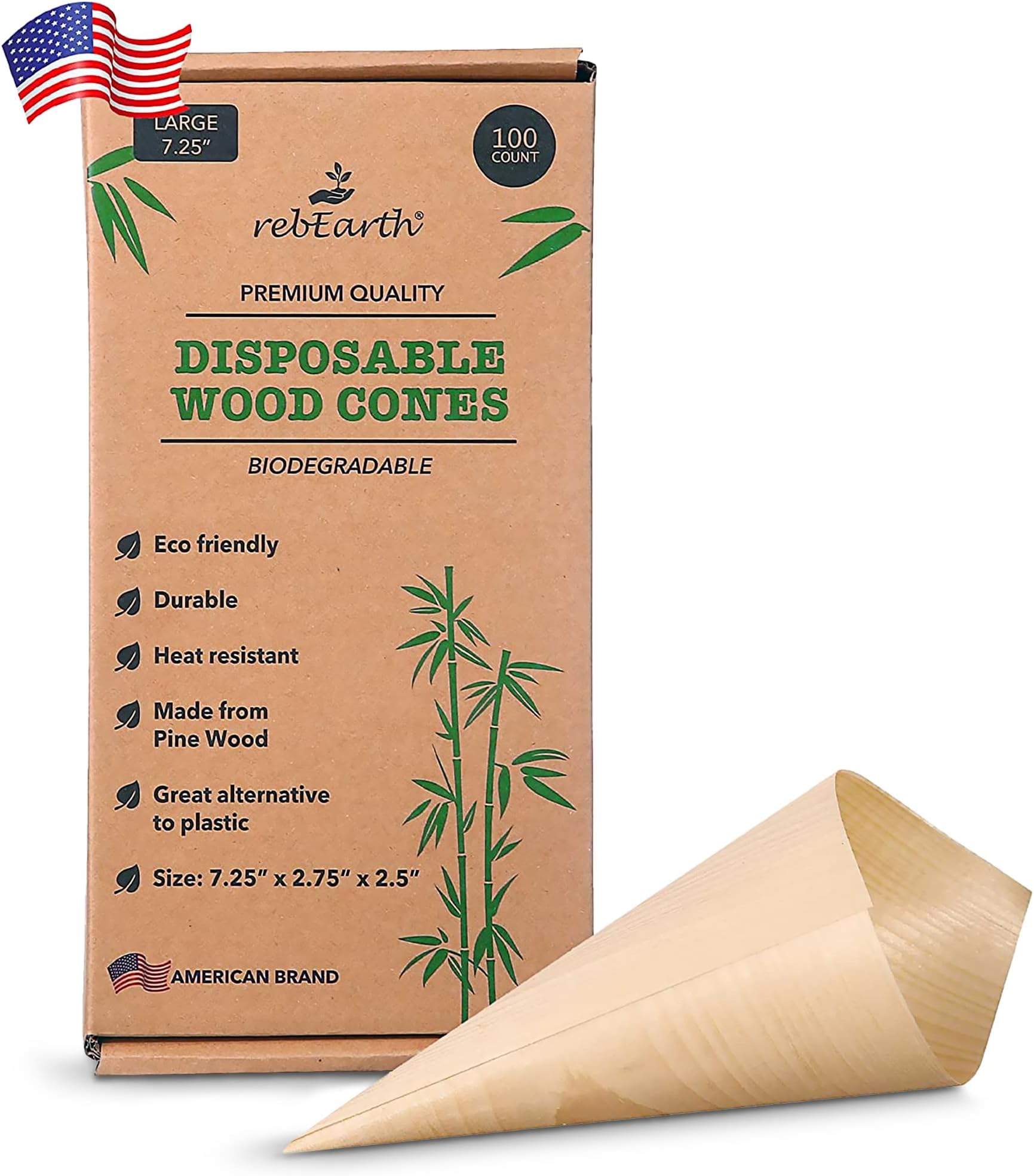 rebEarth Disposable Wood Cones - Heat Resistant Cones for Charcuterie Food, Appetizers & Snacks - Pinewood Cone Cups for Party Food Display, Alternative to Plastic - Small Wooden Cones, 5" 100 Count
