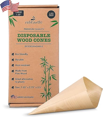 rebEarth Conos de madera desechables  Conos resistentes al calor para charcutería, aperitivos y aperitivos  Conos de madera de pino para exhibición