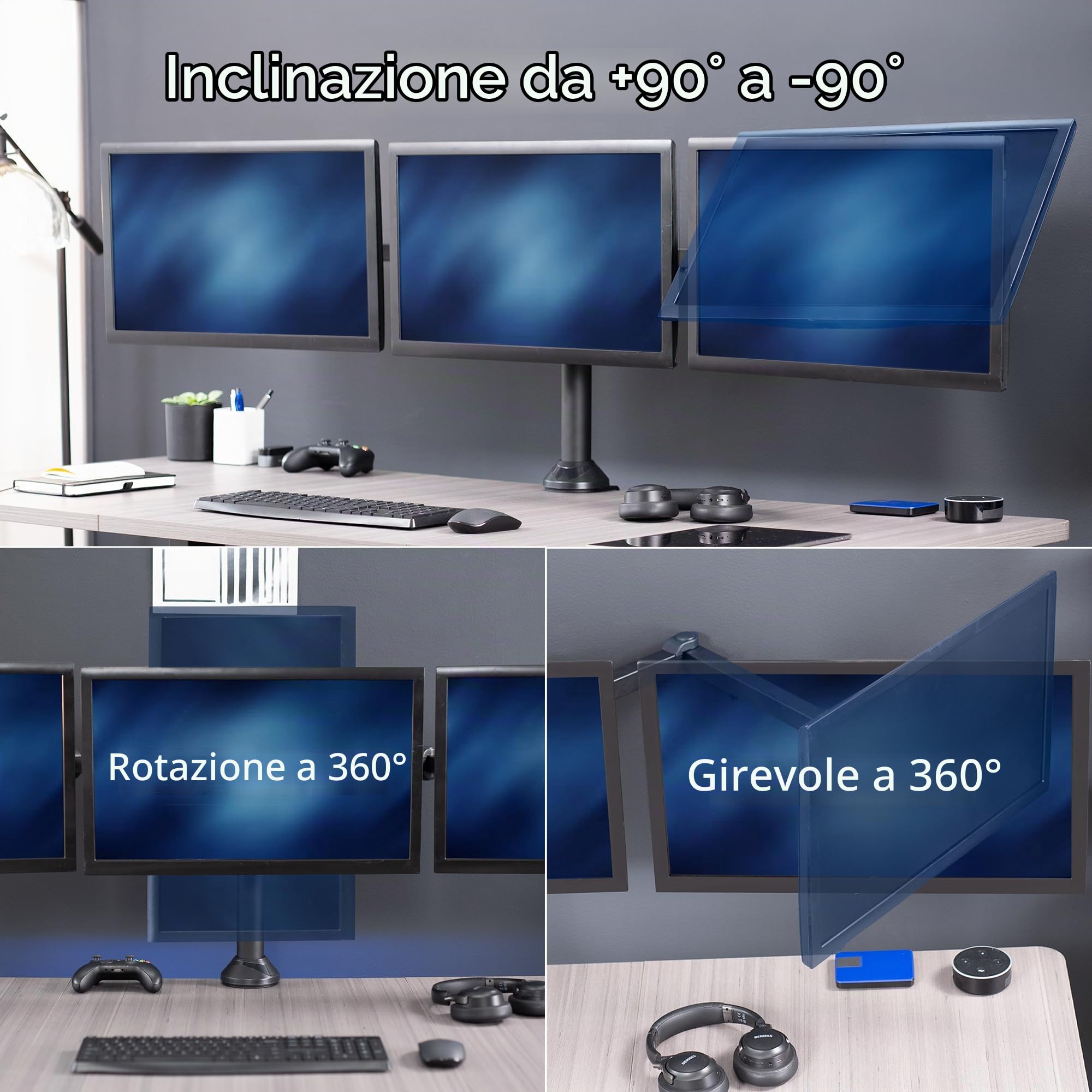 VIVO Tripla LCD computer scrivania del monitor del basamento del supporto VESA - nero regolabile in inclinazione, rotazione, e la rotazione si adatta a tre (3) schermi 13-32" (stand-V103)
