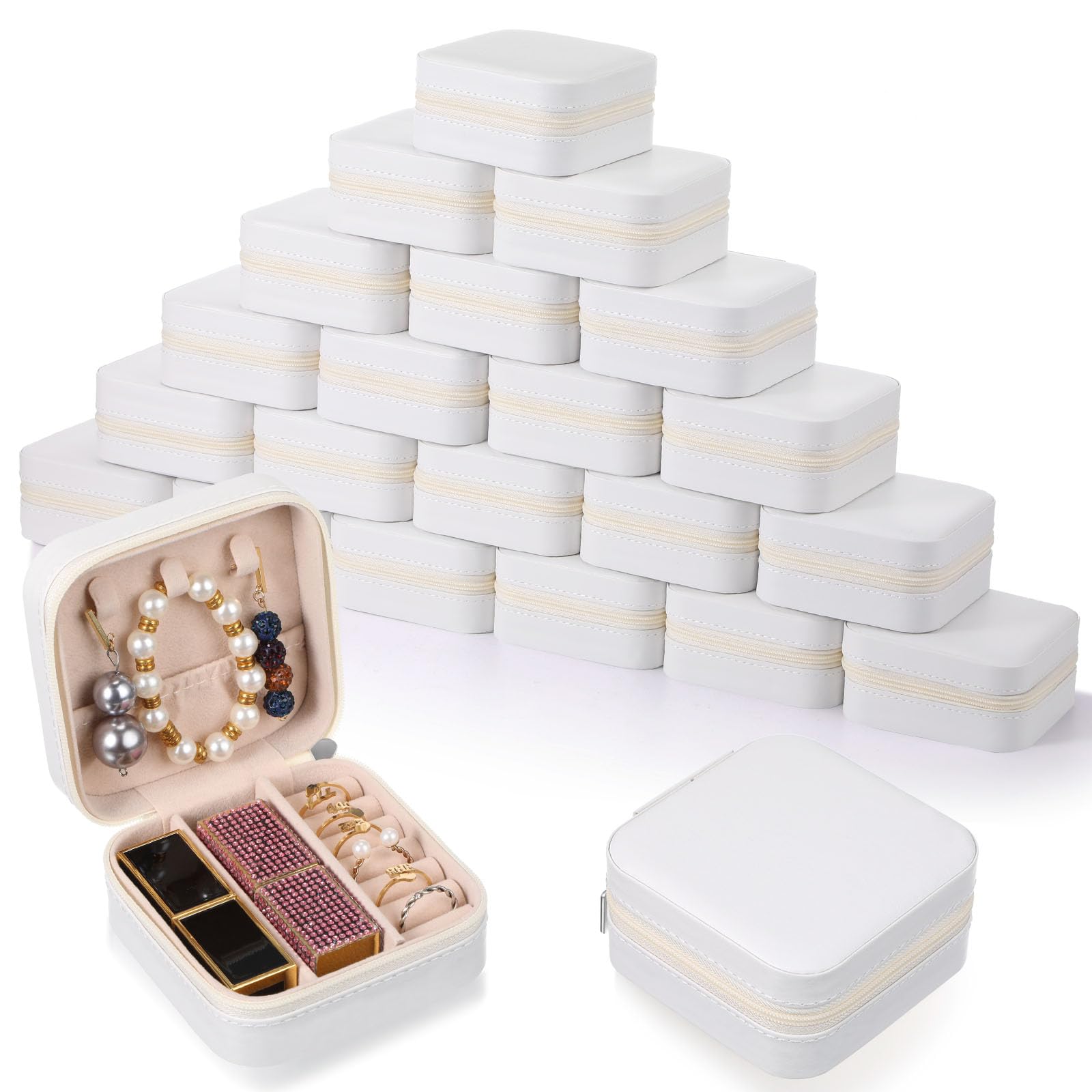Canlierr Petites boîtes à bijoux de voyage en cuir synthétique pour femmes et filles, boîtes cadeaux portables pour bagues (blanc, 24 pièces)