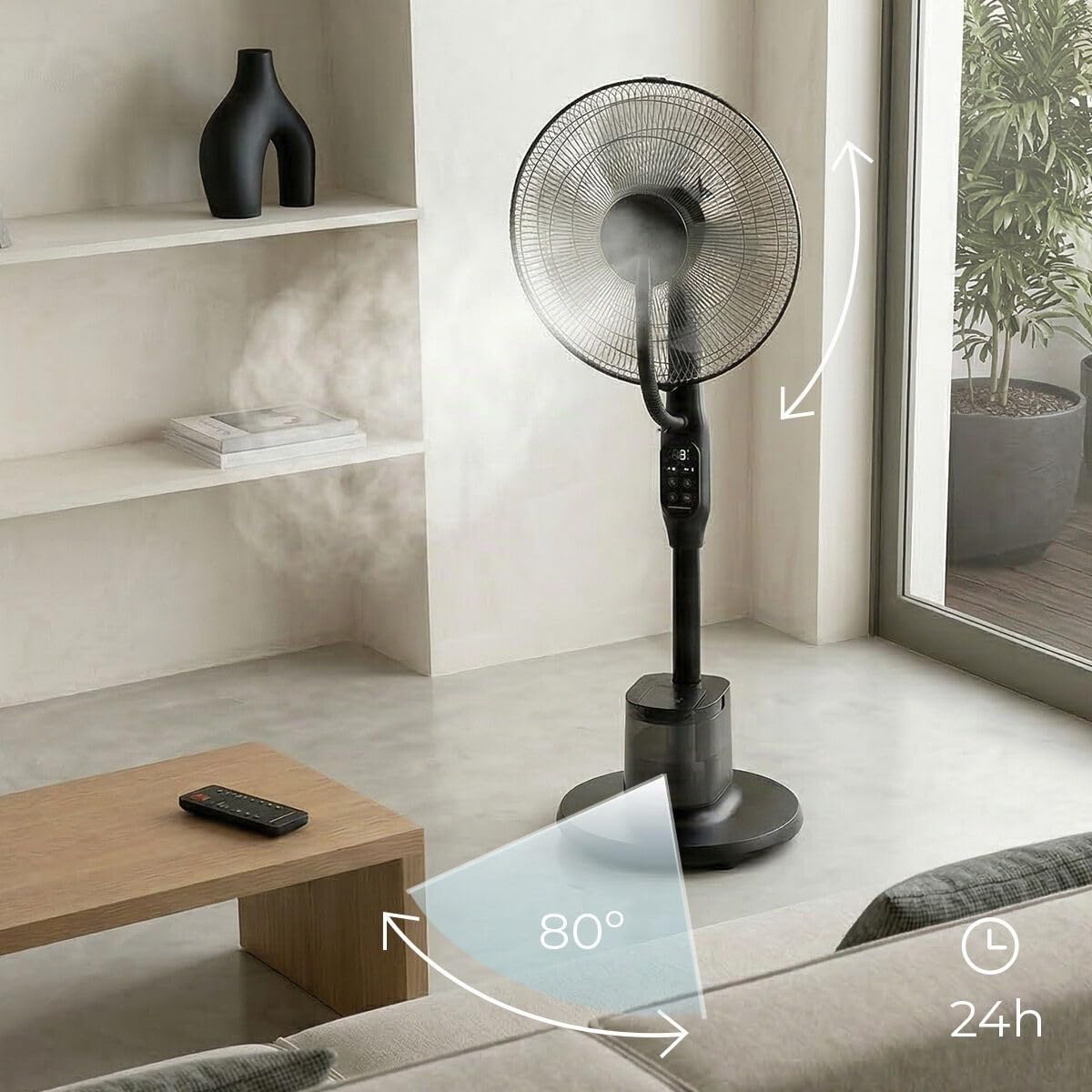 InnovaGoods - Ventilador de pie con nebulizador de 3 intensidades, mando a distancia, panel táctil, 3 velocidades, 3 modos, oscilante 80º, temporizador, ruedas, motor de cobre, silenciador, 90 W