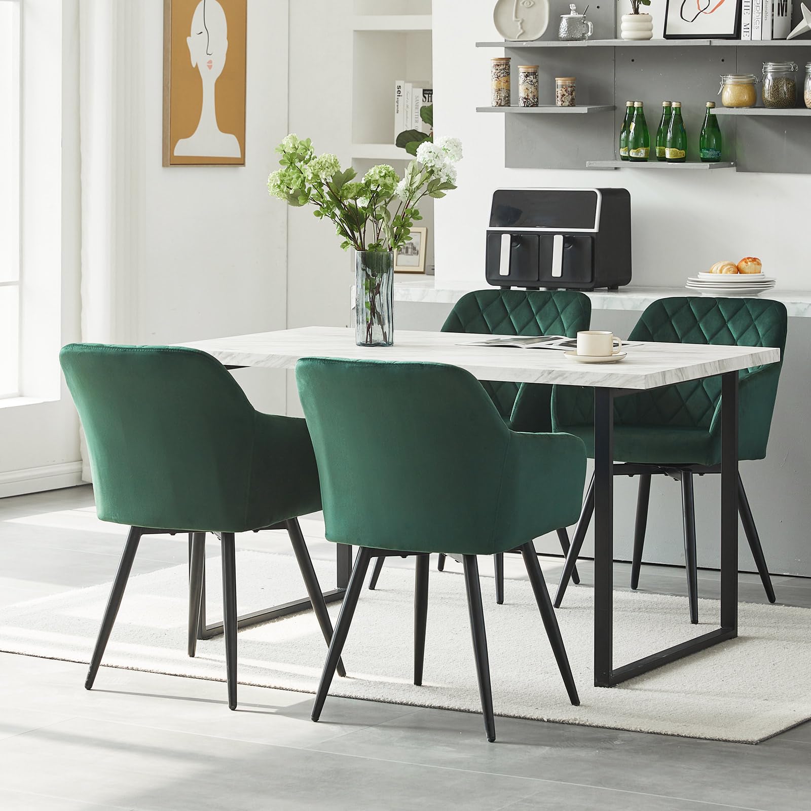 CLIPOP Esszimmerstühle Drehbar 2er Set mit Armlehne, Samt Polsterstuhl Gepolstert Sitz Küchenstuhl Drehstuhl Armlehnenstuhl für Esszimmer Wohnzimmer Büro (Samt Grün, 2er Set)