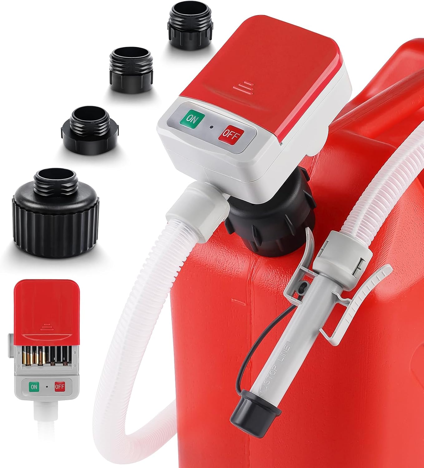 Fuel Transfer Pump with Auto-stop Sensor and 4 Tank Adapter, 3.2GPM 51" Hose Battery-Powered Portable Gas Can Pump for Gasoline & Diesel Oil (Red)
