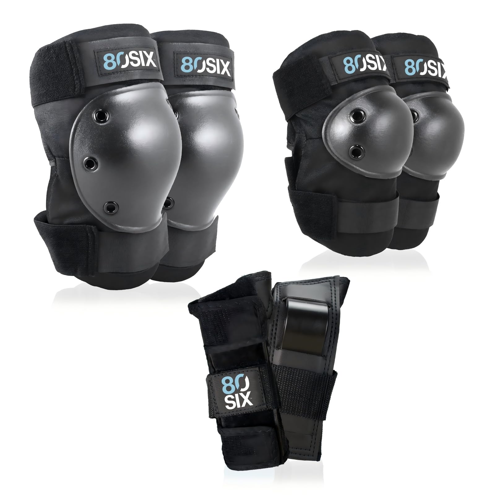80SIX Kids & Adults Knee Pads Elbow Pads Wrist Guards 6 in 1 Protective Gear Set for Skateboard, Bike, Motorbike, Scooter, Roller Skates, Inline Skates & BMX Bike Multi-Sport, Black S/M