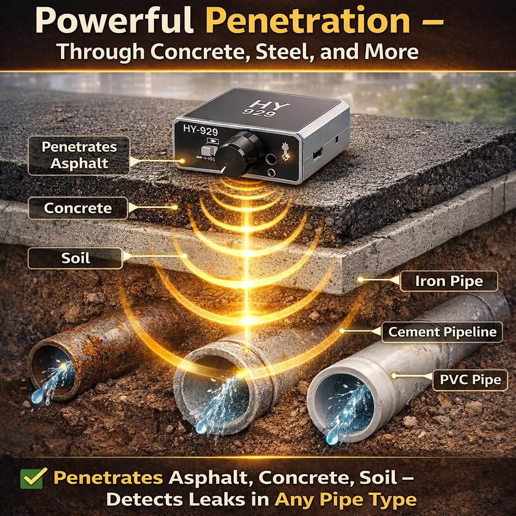 HY 929 Détecteur de Fuite D'eau, Kit D'accessoires de Détecteur de Fuite de Conduite D'eau à Haute Intensité Moniteur de Fuite de Conduite D'eau Souterraine avec écouteurs