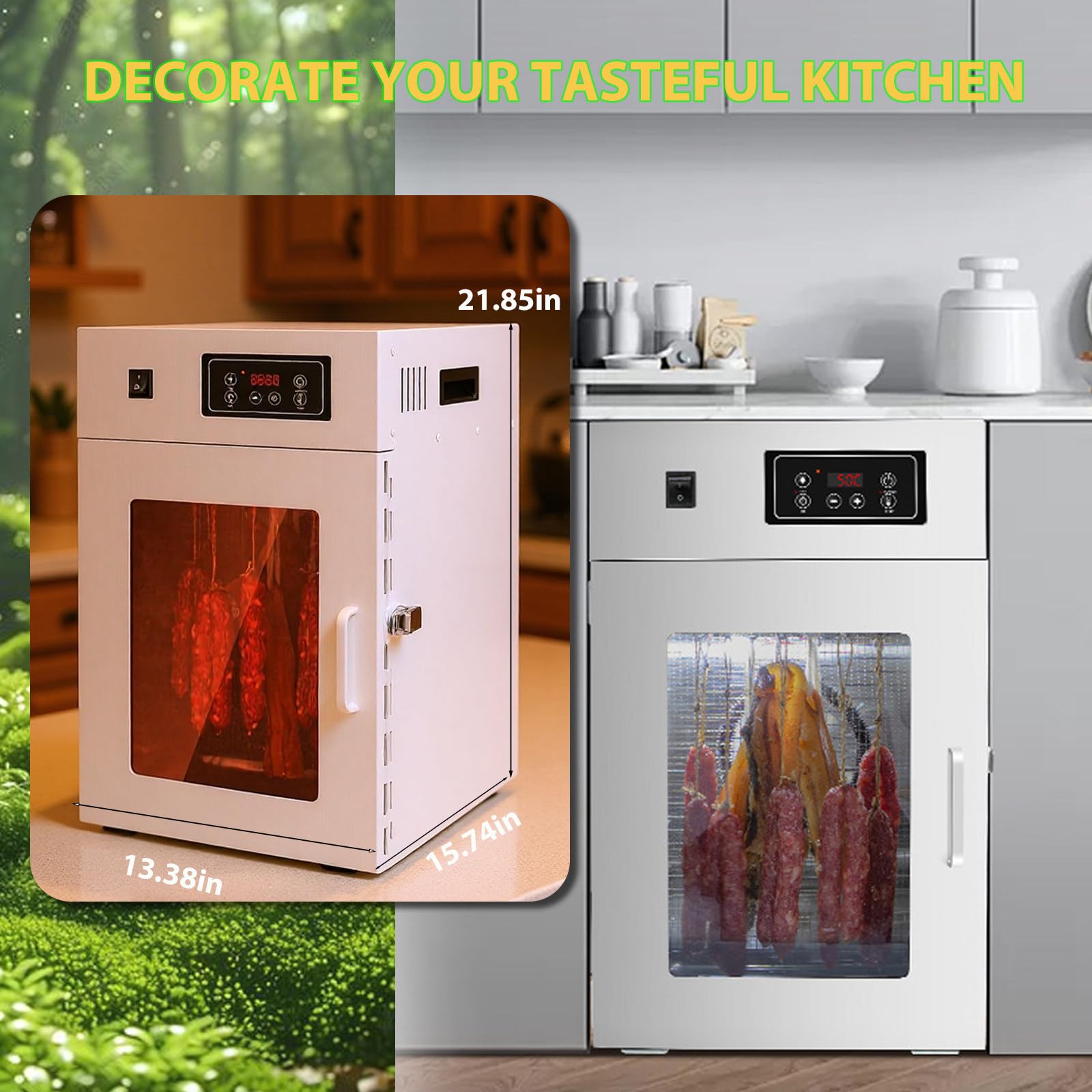 Essiccatore Rotante per Carne in Acciaio Inox, Armadio di Frollatura a Secco da 800 w, Rotazione a 360°, con 14 Ganci, Regolazione 0-90 °C, Essiccazione Tridimensionale