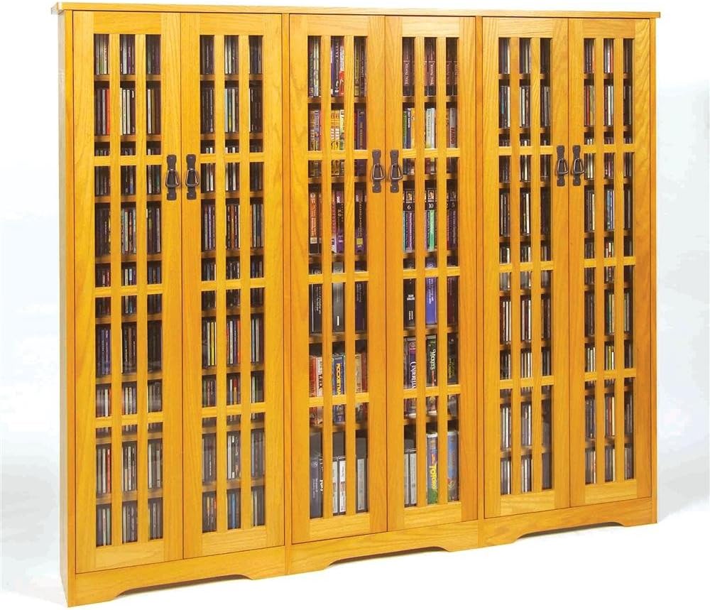 Leslie Dame High-Capacity Inlaid Glass Mission Style Multimedia Storage Cabinet, Oak