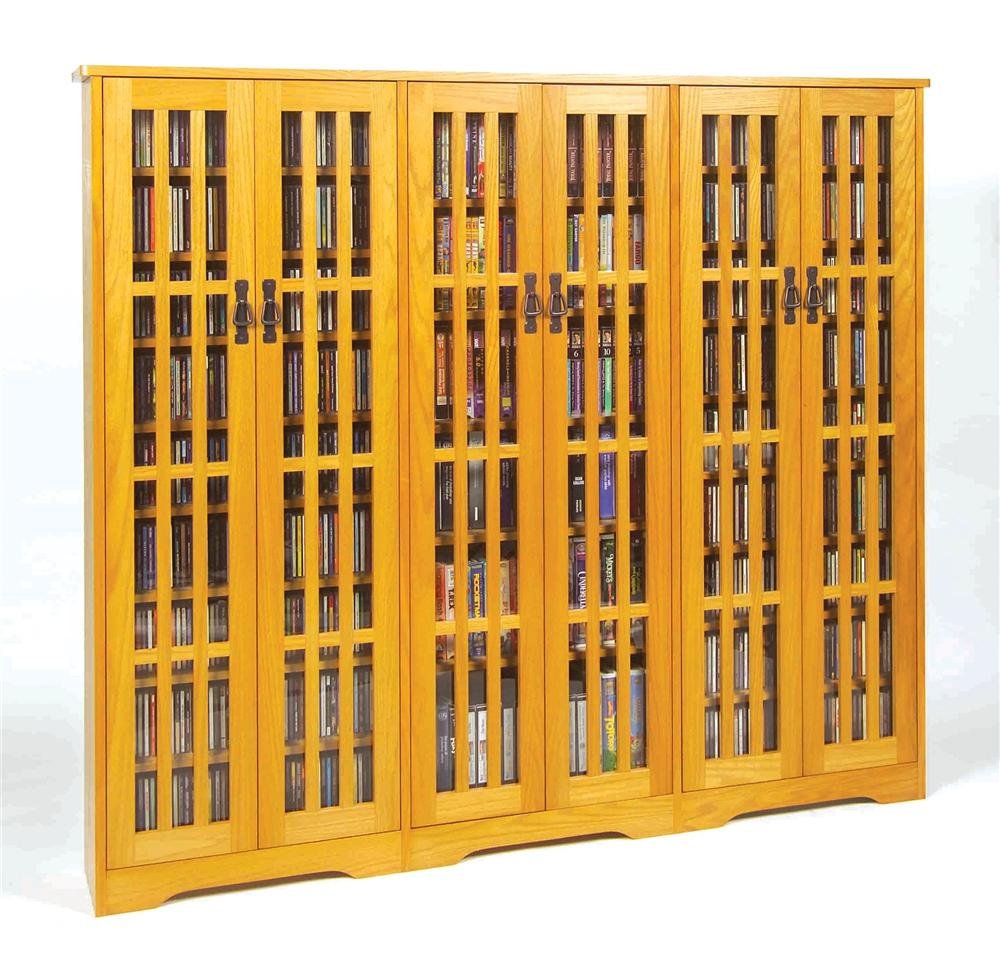 Leslie Dame High-Capacity Inlaid Glass Mission Style Multimedia Storage Cabinet, Oak