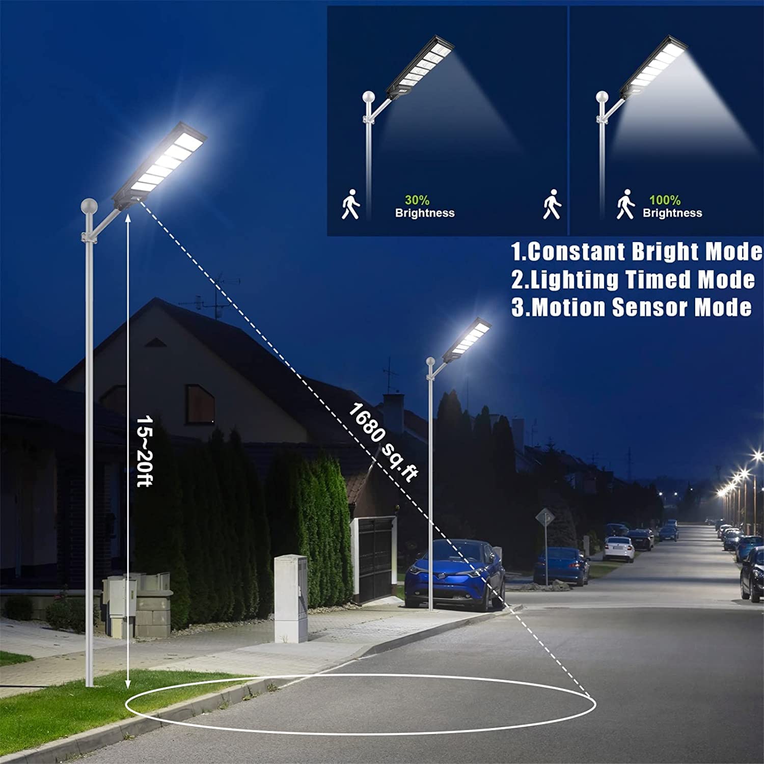Zonnestraatverlichting buiten, LED grote zonne-parkeerplaats waterdicht licht met bewegingssensor paalmontage, 8500K schemering tot dageraad LED