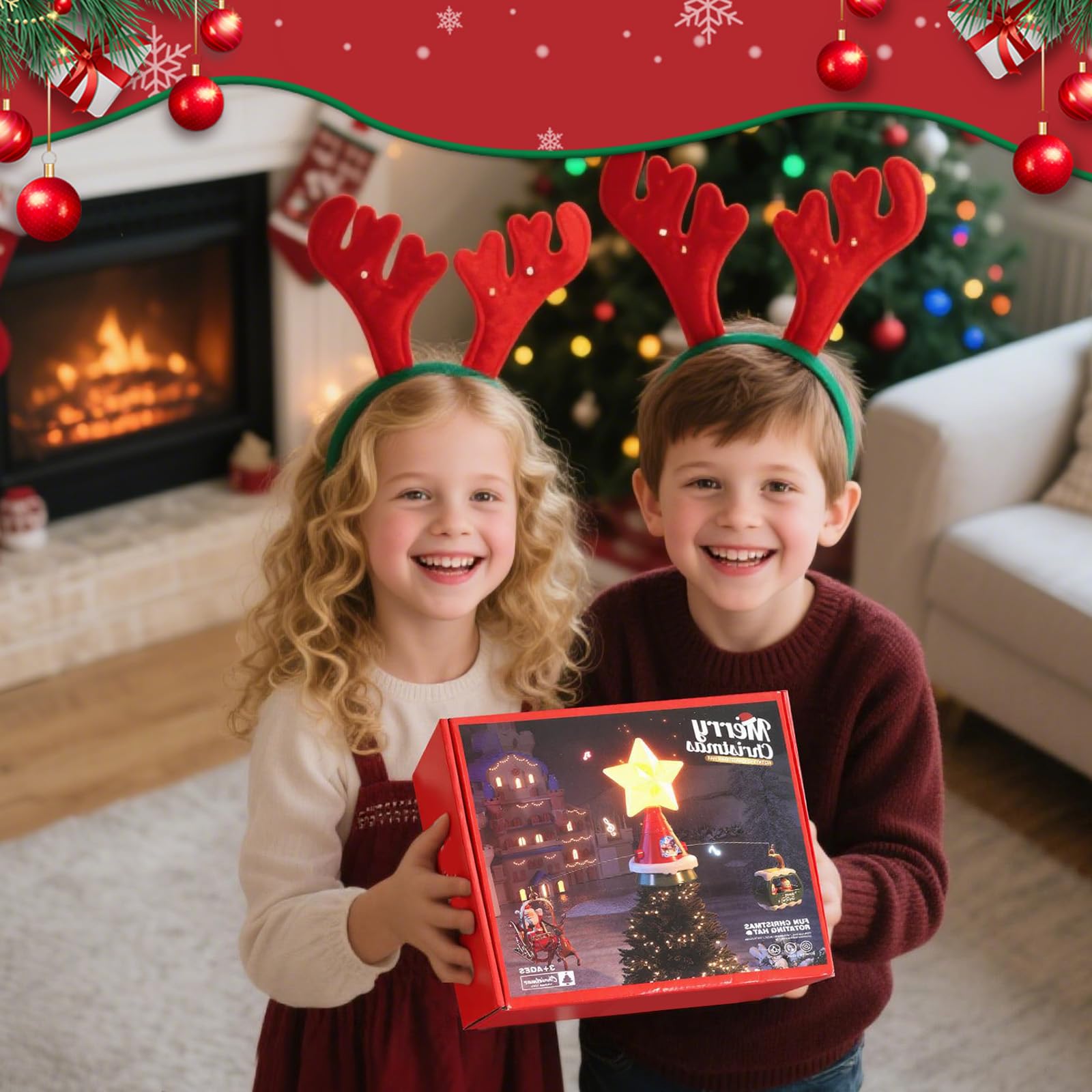 Decoración giratoria para árbol de Navidad con estrella LED, trineo de Papá Noel y teleférico, decoración musical alimentada por USB