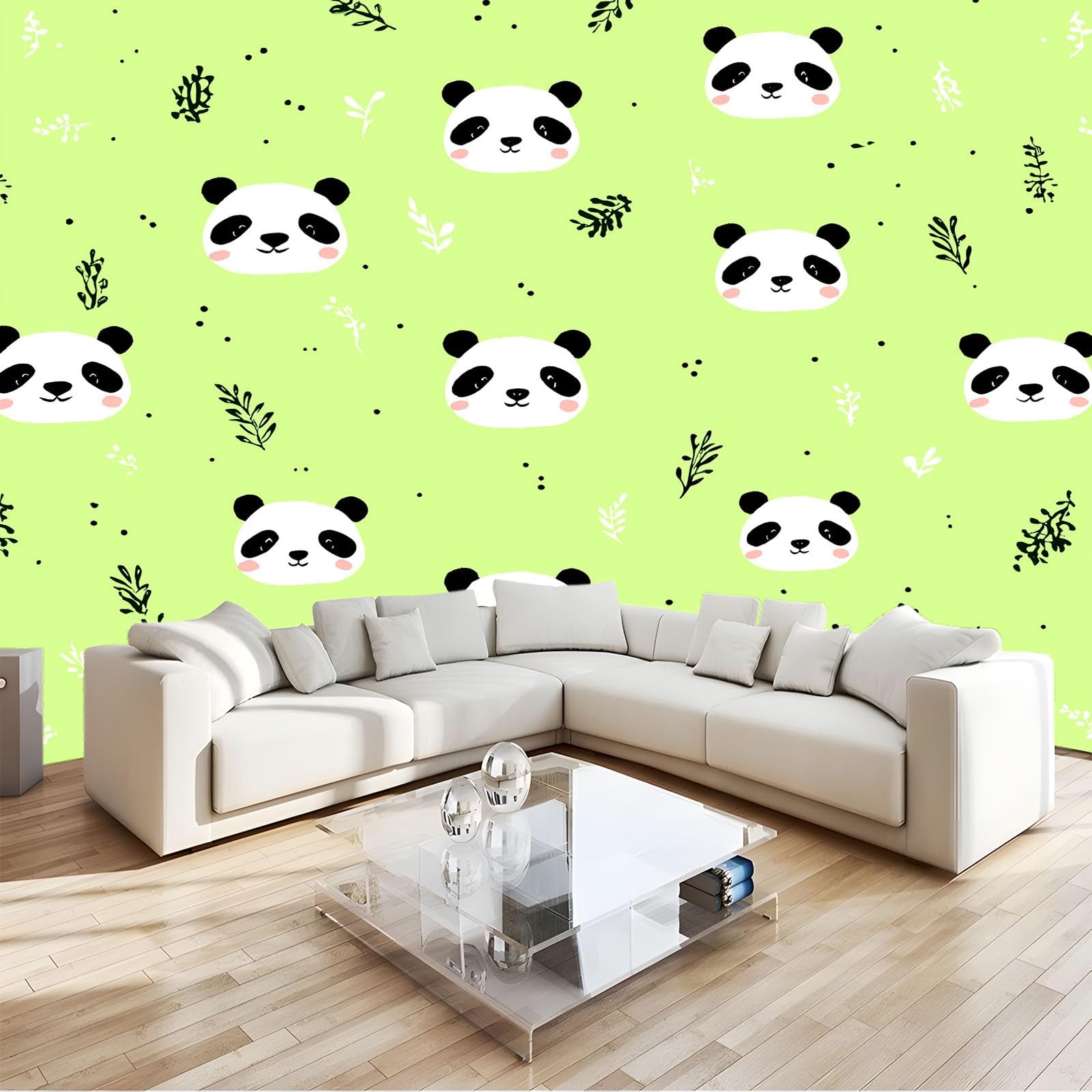 Minimalizm, zwierzęta, panda, liście, fototapeta, 200 x 140 cm, zielona, wysokiej jakości flizelina, sztuka ścienna 3D, dekoracja ścienna do salonu, sypialni, tło sofy
