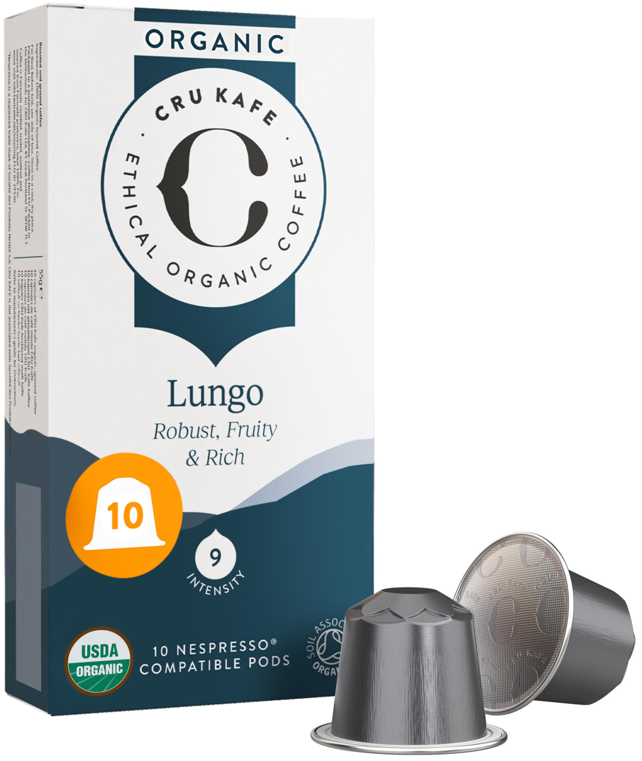 Lungo Espresso Strong USDA Organic Espresso Coffee Capsules (10 Pods) Fairtrade Coffee Pods Compatible with Nespresso Original Line and Pixie Machines