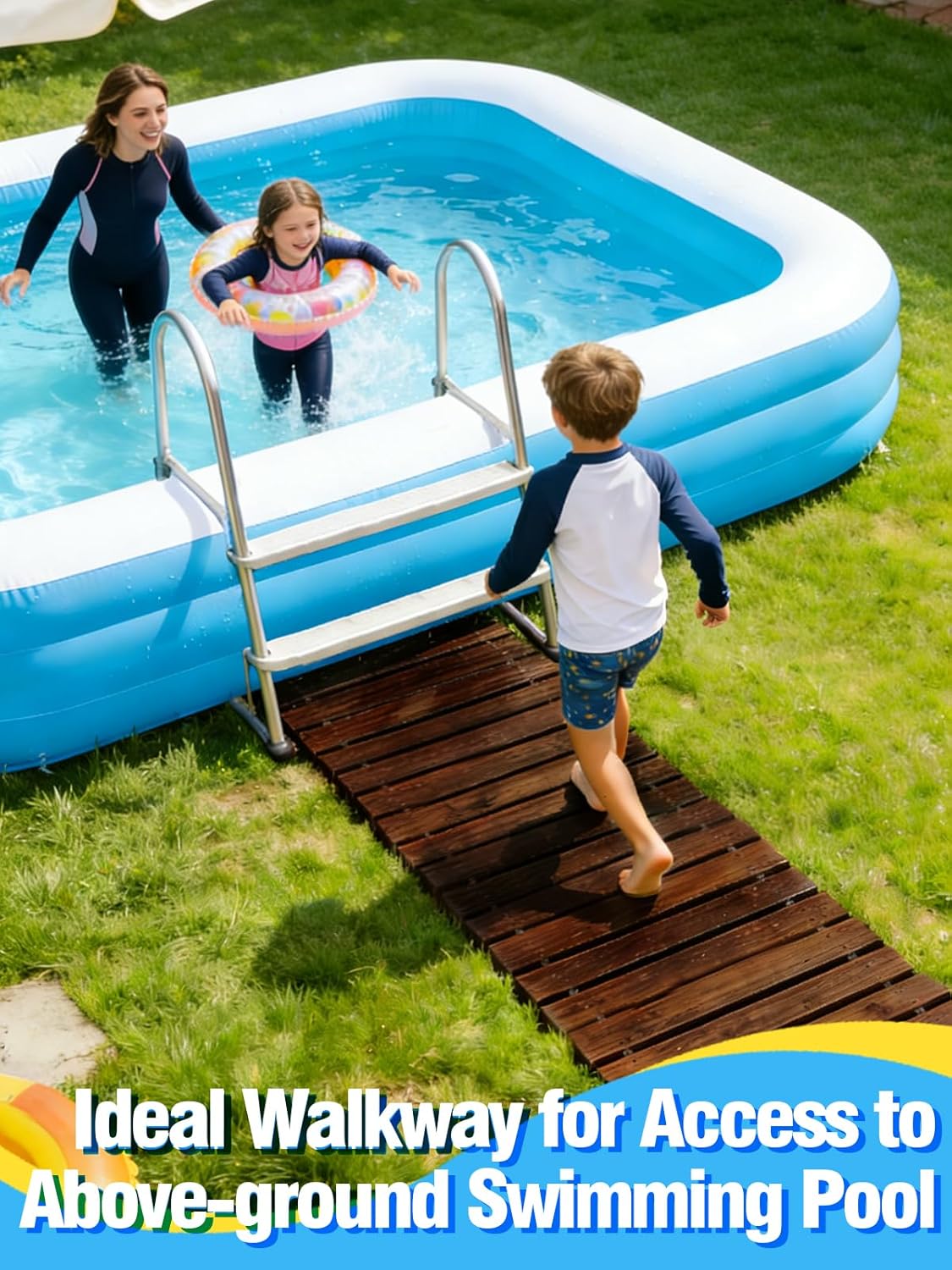 MEWTOGO 10ft Anti-Slip Wooden Pool Walkway for Above Ground Pools – Weather-Resistant Carbonized Wood Roll-Up Pathway, Helps Keep Dirt & Mud Out, Boardwalk for Pool Ladder Area (Brown)