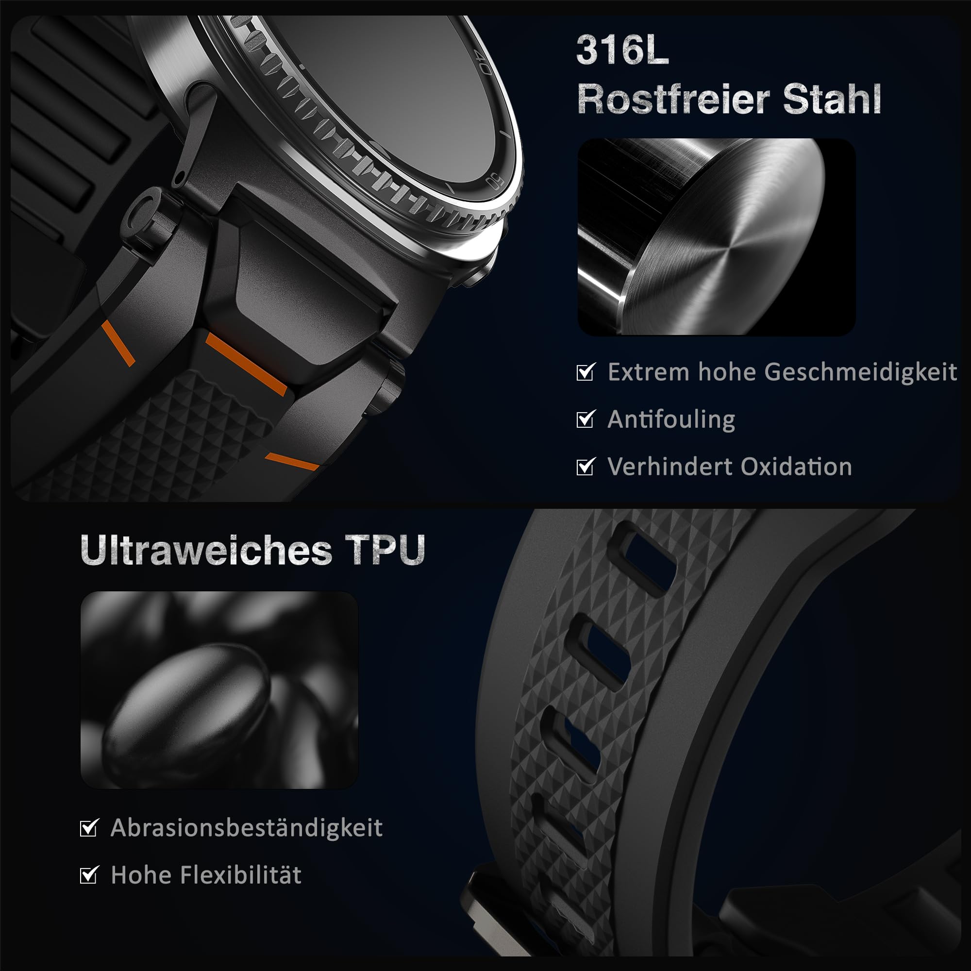 ULTIMAL Armband Kompatibel mit Samsung Galaxy Watch 9/8 40mm/44mm, 8 Classic 46mm, Robustes Premium TPU & Metall Sportarmband für Herren