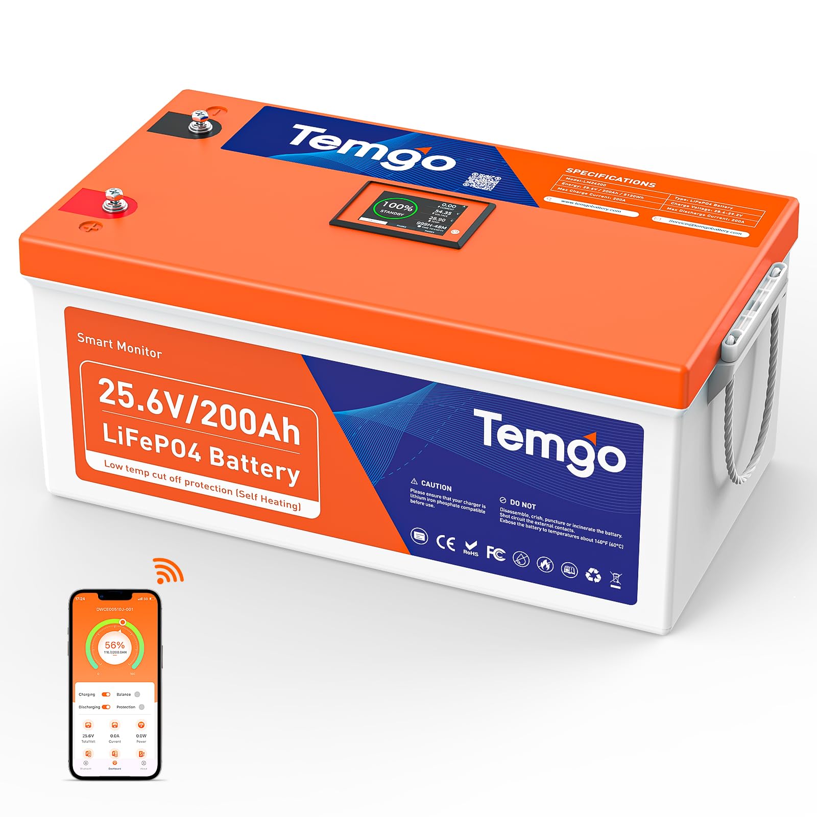 - TEMGO 24V 200Ah LiFePO4 Lithium Battery: Self-Heating, LCD Screen Display, Bluetooth &App, Low-Temp Protection, Built-in 200A BMS, 5120Wh Energy, 5000+ Cycles for RV, Camper, Trolling Motors, Off-Grid