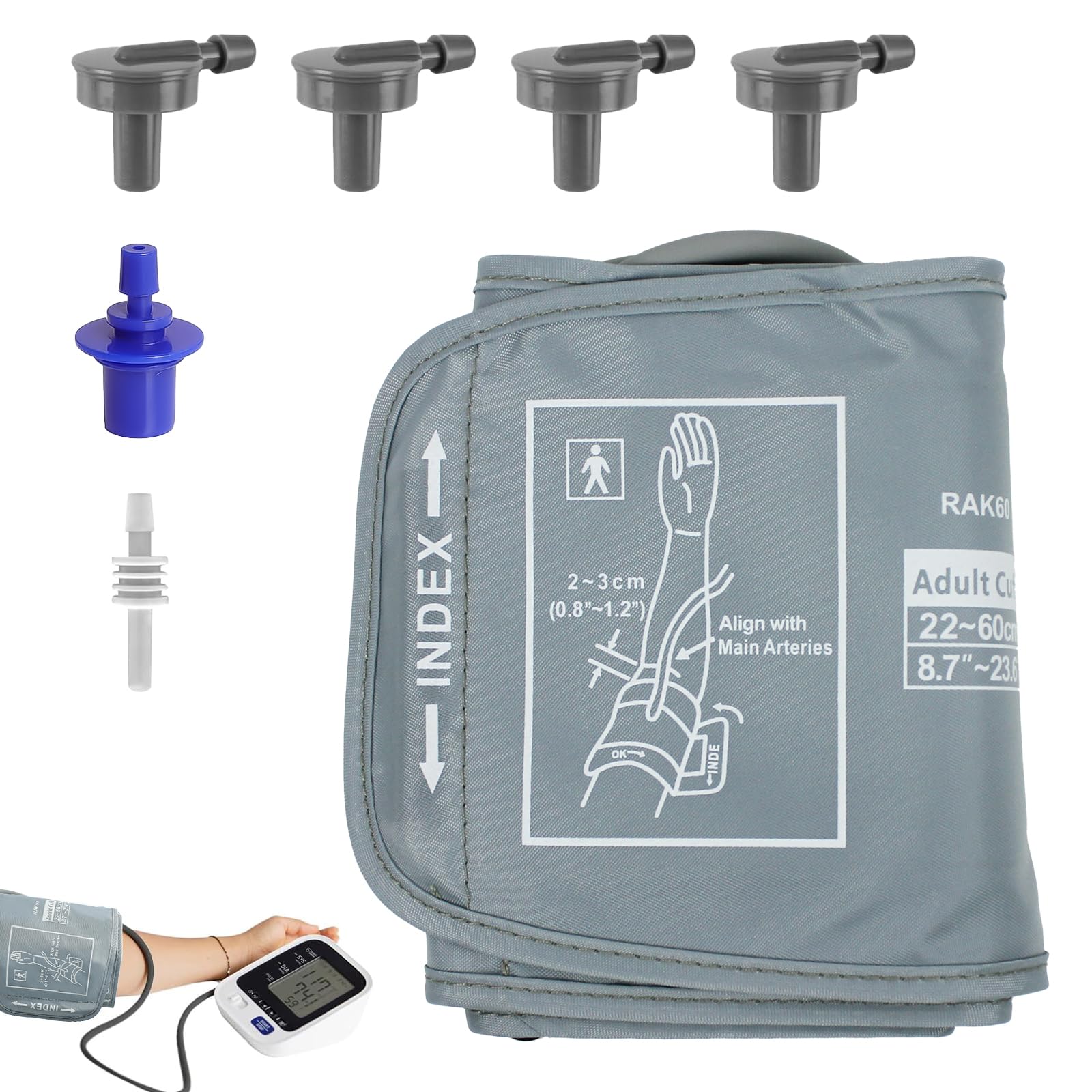 Blutdruckmanschette Ersatz 22–60 cm, XXL Oberarmmanschette für Blutdruckmessgerät, Extra große Manschette, kompatibel mit den meisten Blutdruckmessgeräten, mit 6 Adaptern