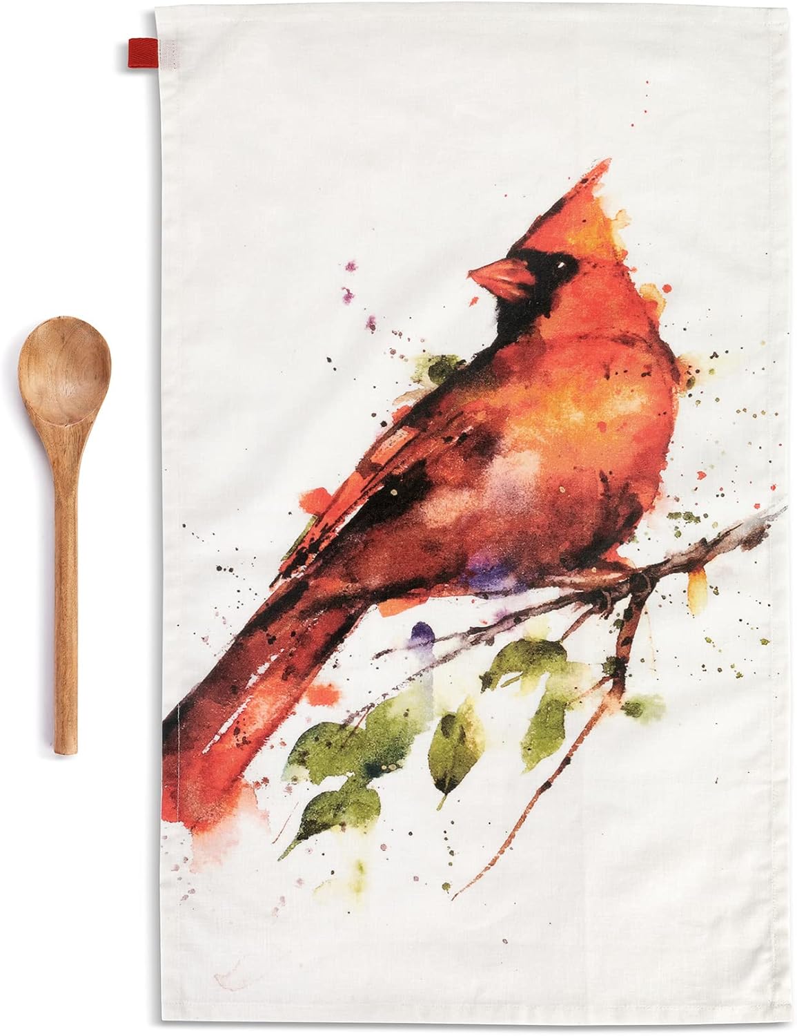 DEMDACO Spring Cardinal Watercolor Red Cotton Wood Towel and Utensil 2 Piece Set