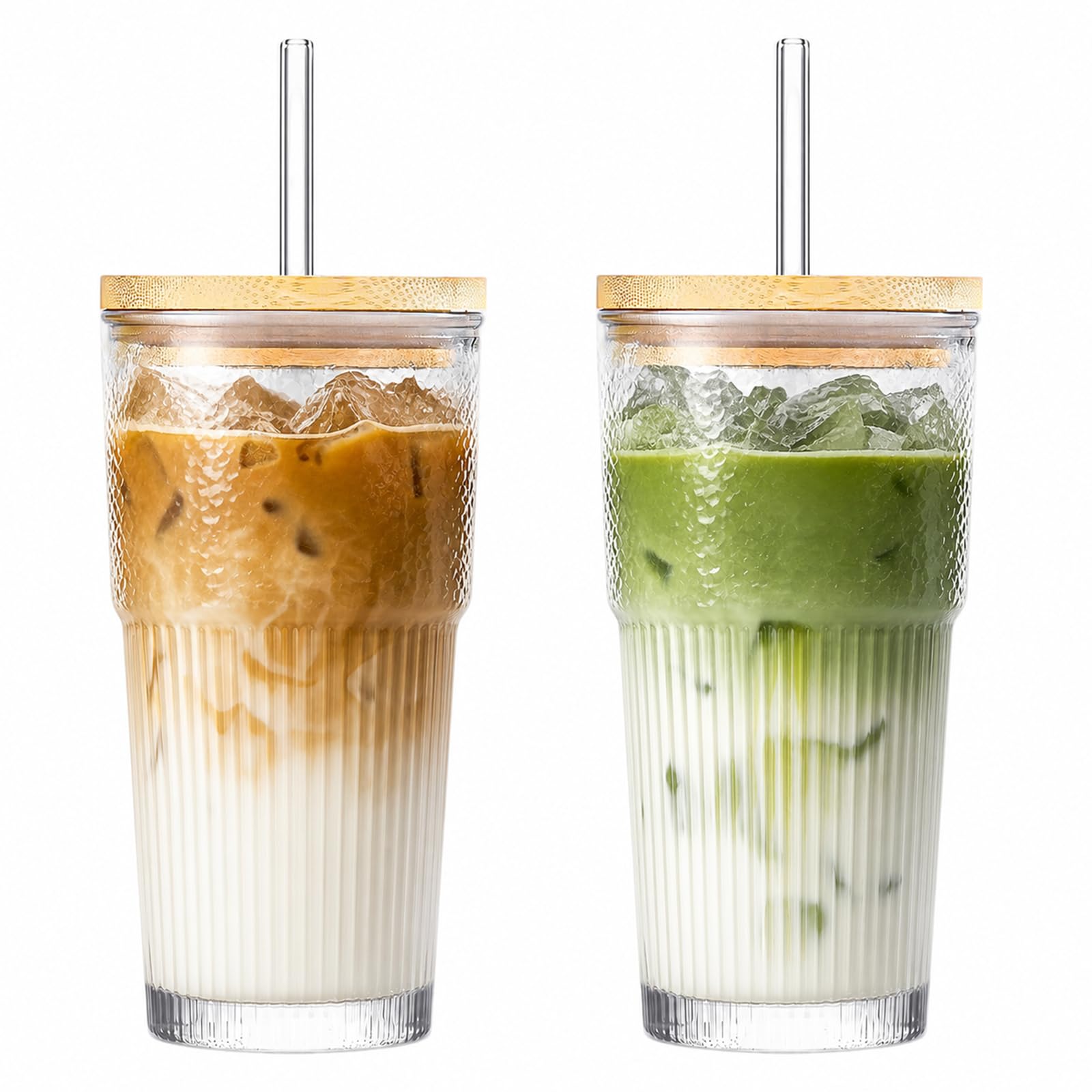 zxevg 2-Pack 600ml Ribbed Glass Tumblers with Wooden Lid & Straw