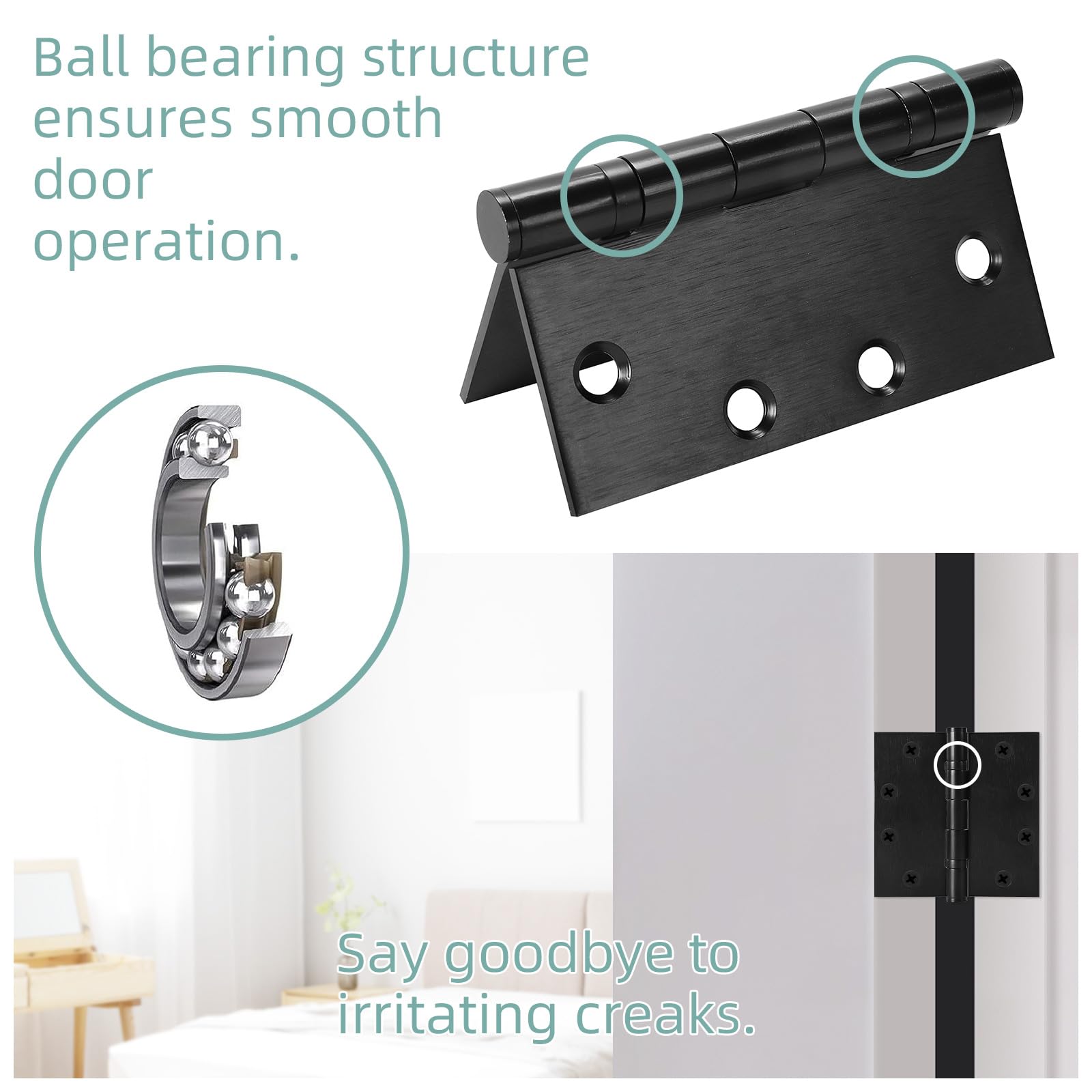 Paquete de 6 bisagras de puerta de 4.5 x 4.5 pulgadas, bisagras de acero inoxidable resistentes con rodamientos de bolas con esquinas cuadradas, color negro