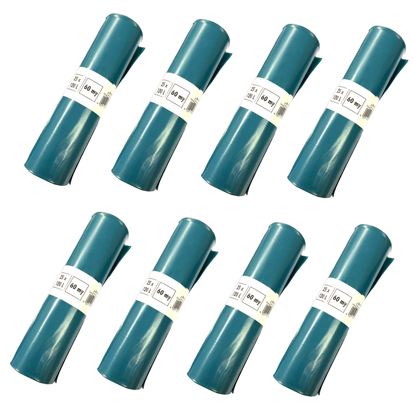 8 x 25 bolsas de basura de 120 l, color azul, extrafuertes, 60 my, 200 unidades