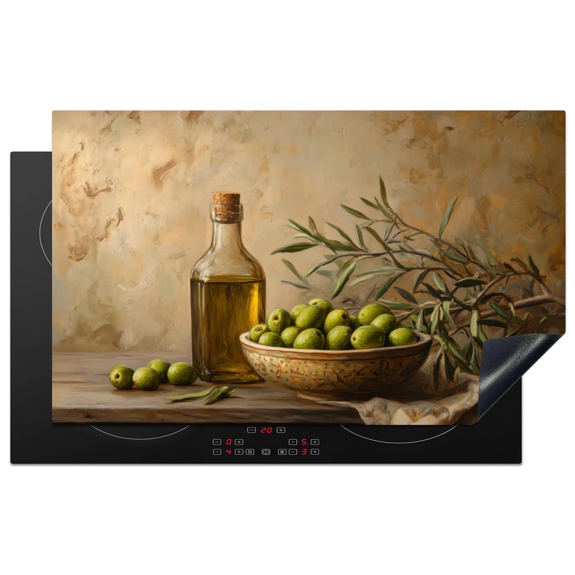 KitchenYeah© Induction Hob Cover Protector Mat 20.3"x32.7" / 83x51.5 cm Kitchen Universal Ceramic Covers for Electric Cookers Vinyl Olives - Still Life - Vintage