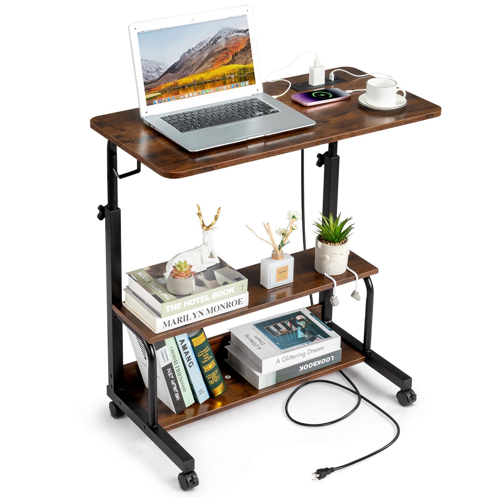 Generic Height Adjustable Standing Desk with Power Outlets, 31.5 x 15.75 x 26.4-41.5 Inches, Modern Vintage Style, Walnut Finish, Perfect for Office,