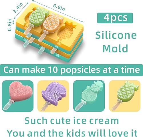 Miniatura 5 de Moldes de paletas de dibujos animados para niños, paquete de 4, moldes de silicona de grado alimenticio de 10 cavidades, con palos reutilizables,