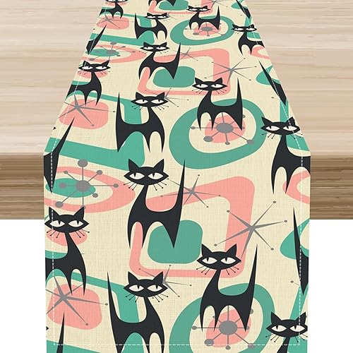 Miniatura 31 de Camino de mesa de los años 70, rústico azul ondulado, cuadrícula floral, moderno, retro, bohemio, hippie de los años 60, decoración abstracta de la