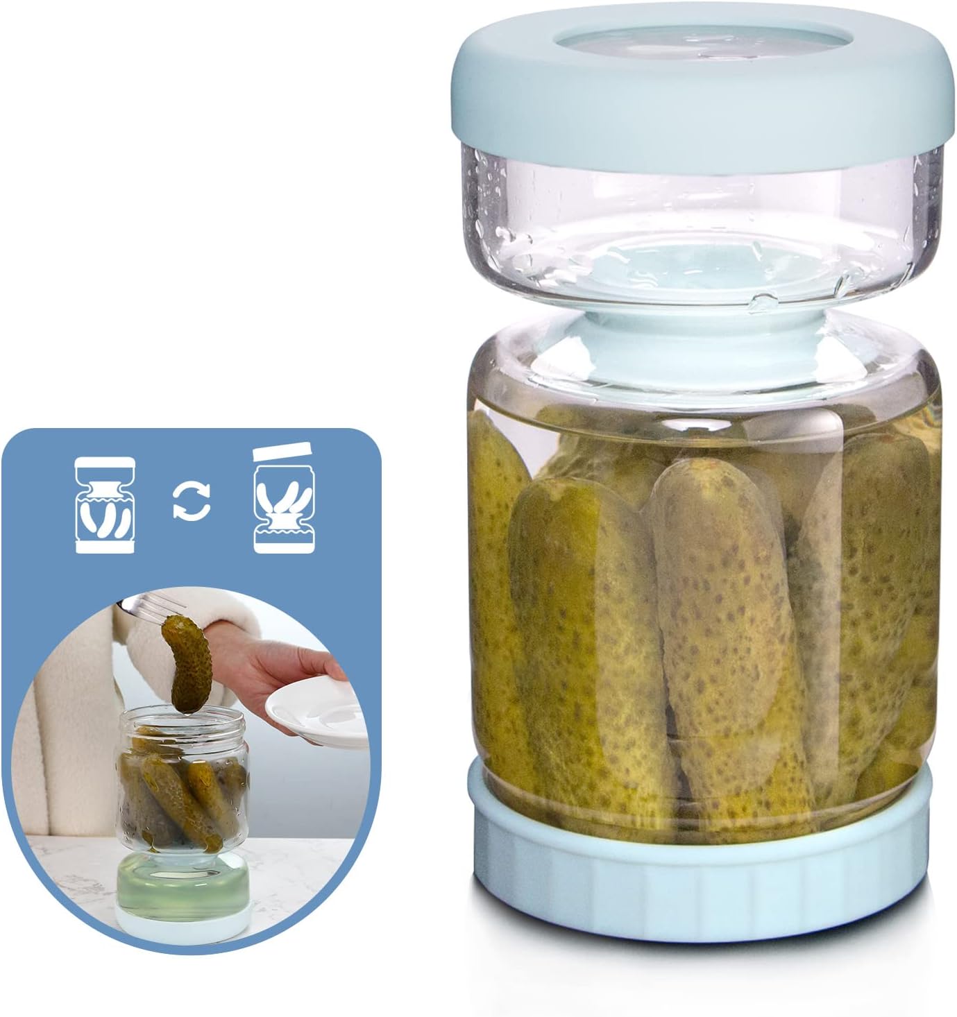 WhiteRhino Pickle Jar,Glass Food Containers with Strainer Hourglass Proof Lids Flip Olive for Kitchen Storage Upside Down Pickle Kimchi Jar Leakproof Airtight Lids Refrigerator(Clear/1000ml)