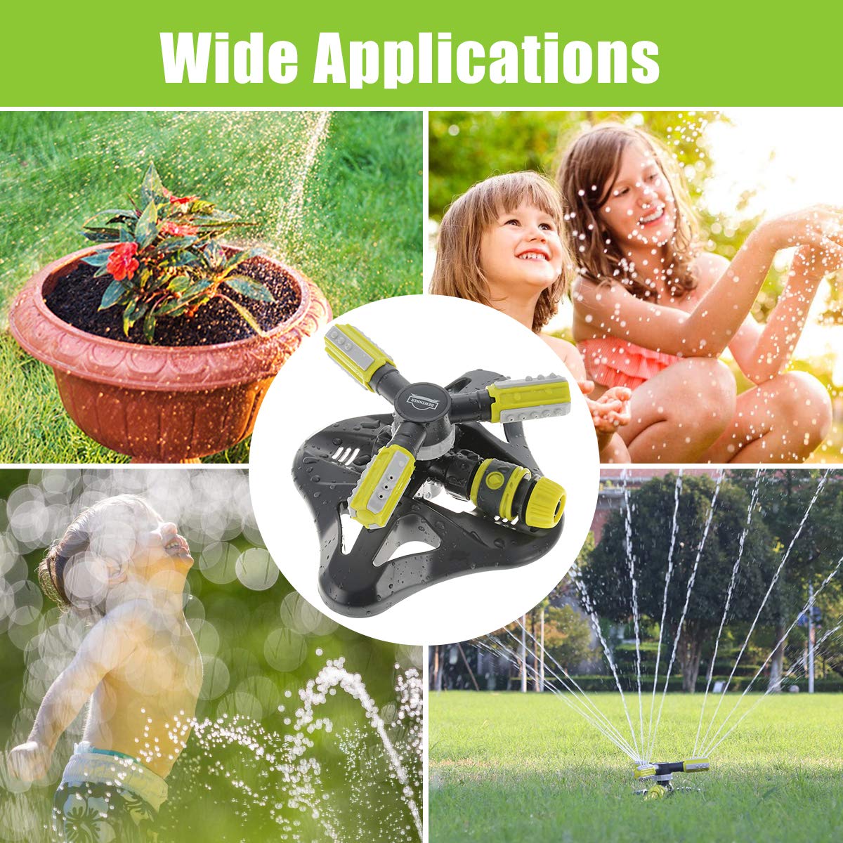 Arroseur d'eau de Jardin, DEWINNER Irrigation Automatique Rotative à 360°de la Pelouse,3 Bras Rotatifs Réglables pour Les Légumes à Fleurs Végétales,2 Buses de Pulvérisation Circulaires,3 Connecteurs