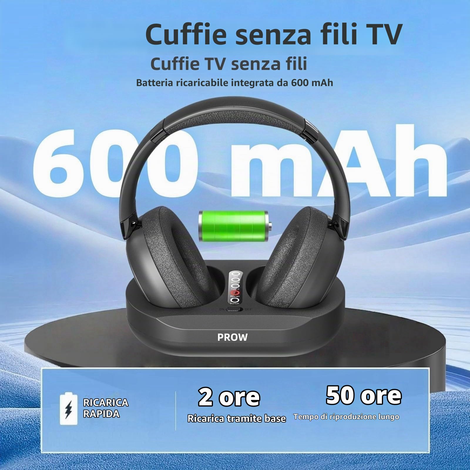 Cuffie TV senza fili, 2.4G e Bluetooth 5.3, tecnologia bi-modalità, cuffie TV per anziani, auricolari senza ritardo di sincronizzazione, con base trasmettitore, supporto in fibra ottica/USB/RCA/BT