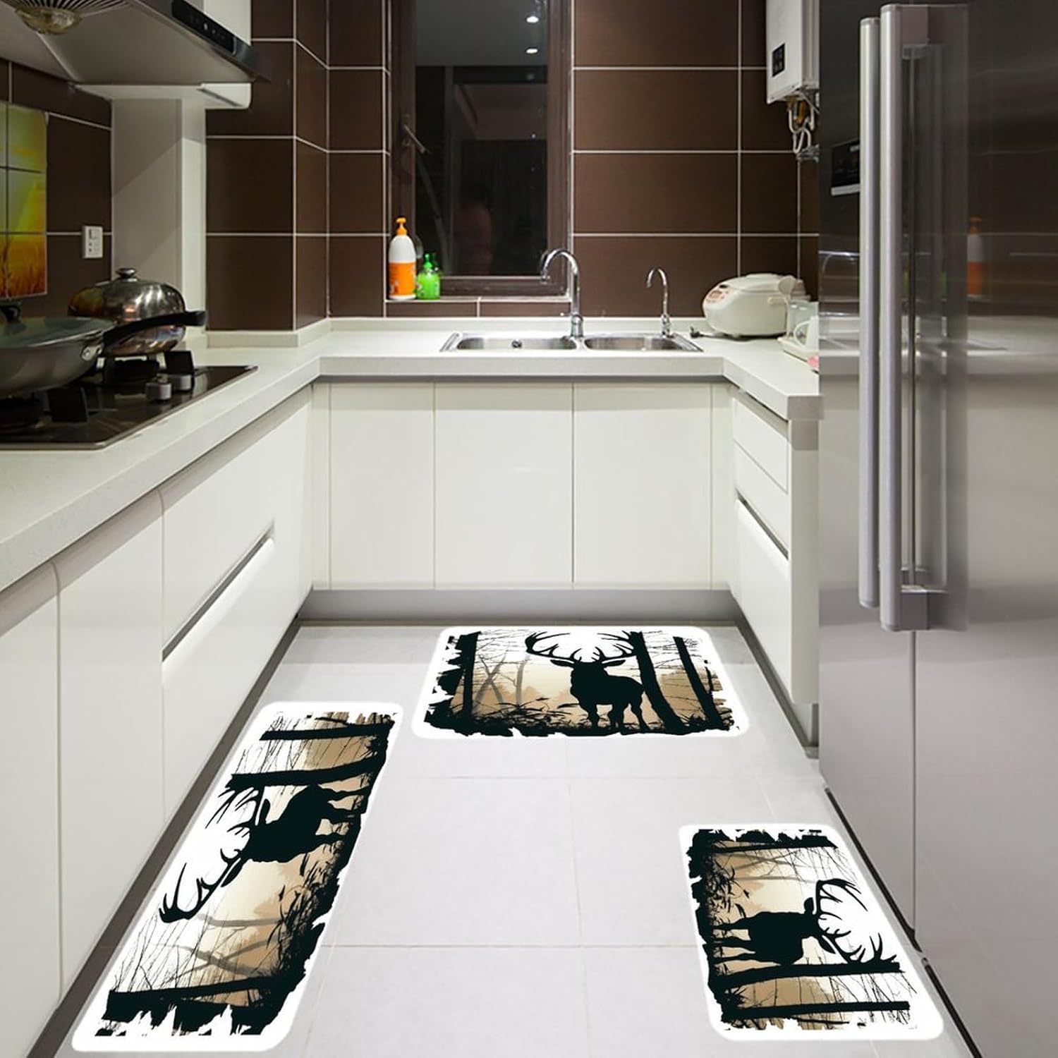 Deer Silhouette Kitchen Rugs Sets of 3 Washable Non Slip Kitchen Rug Water Resistant Carpet Piece Anti Fatigue Kitchen Mats Soft Comfort Standing Mat Modern Area Rug